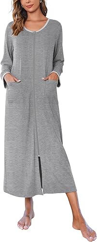 Ekouaer - Abrigo largo de casa para mujer, con cremallera frontal, camisones de longitud completa con bolsillos, ropa de descanso a rayas, tallas