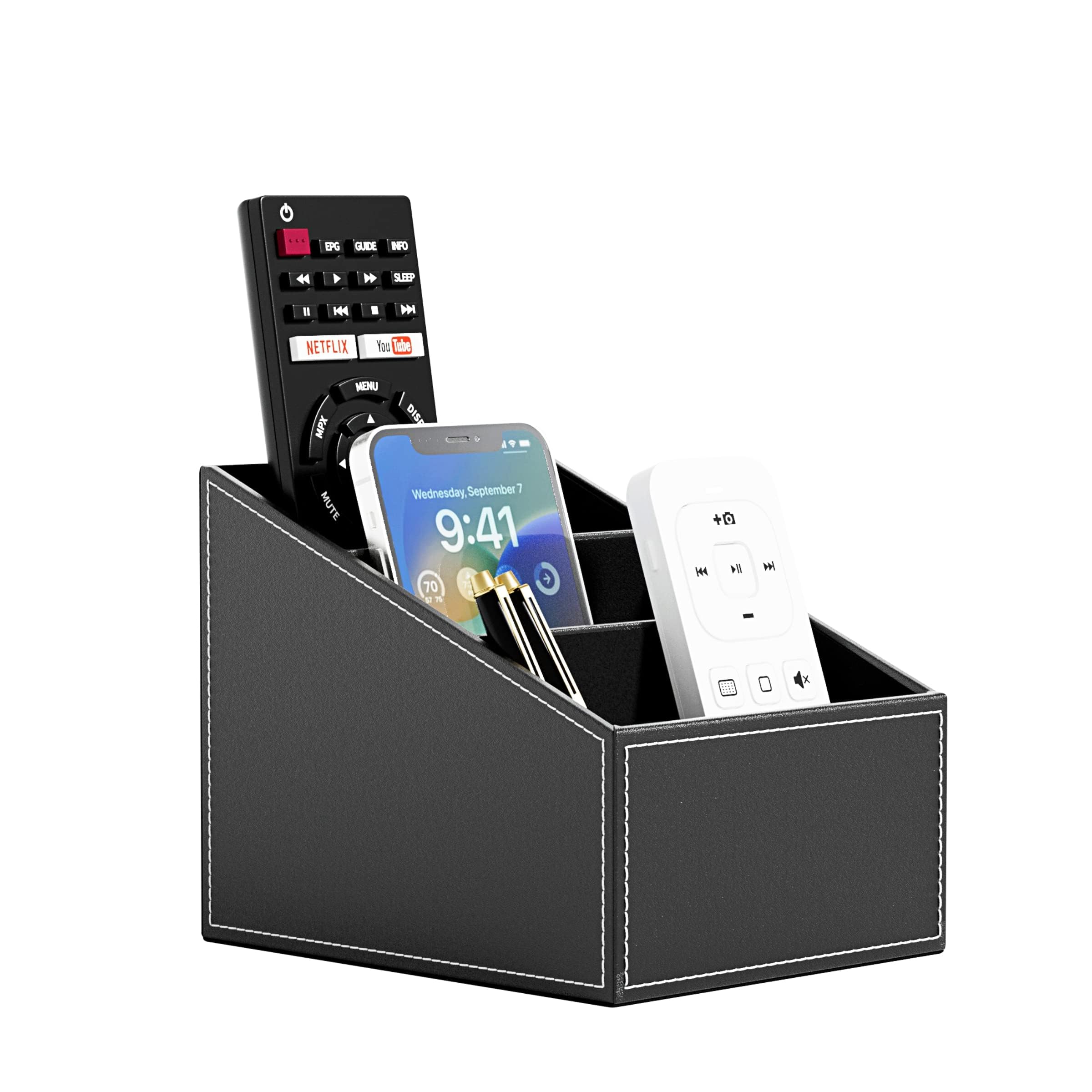 NALACAL PU Leather Remote Control Holder with 3 Compartments, Remote Control Stand, remote control caddy, Fits TVs, CD, Bluetooth Player Remotes, Multi-Functional Remote Organizer (Black)
