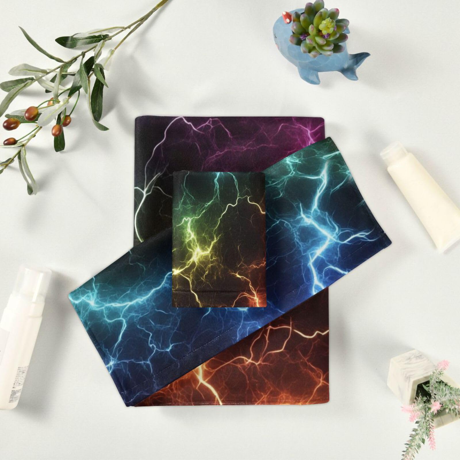 Set di 3 asciugamani da viso in microfibra colorati neri con fulmini, 1 asciugamano da bagno, 1 asciugamano per le mani, 1 panno per la casa, cucina e famiglia
