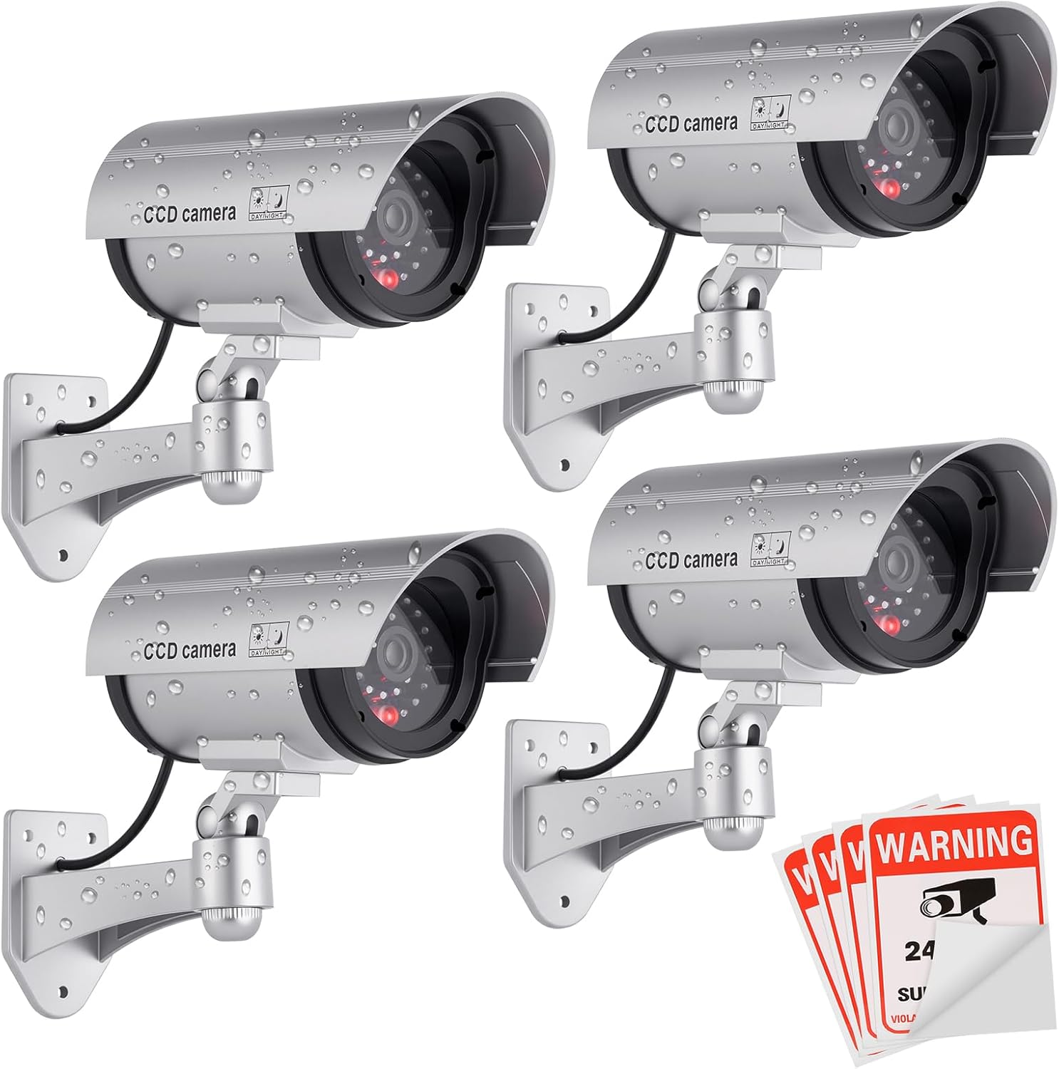 FITNATE Fake Camera, Dummy Camera CCTV Surveillance System with LED Red Flashing Light with 4 Safety Warning Stickers, Fake Security Camera for Outdoor & Indoor Use (4 Packs, Silver)