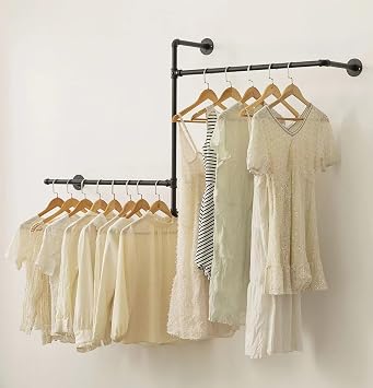 Industrial Pipe Clothing Rack Wall Garment Rack with Pipe Clothes Rails, Multi-Purpose Heavy Duty Clothing Hanging Rods Space-Saving Clothes Bar Organizer Closet wall clothing rack-2 hanging rods