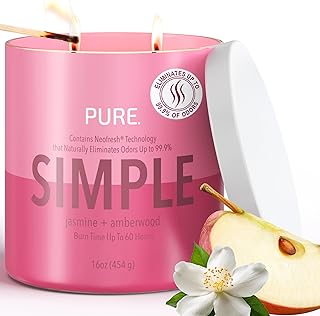 Pure Jasmine & Amberwood Odor Eliminating Scented Candles, Neofresh Technology Eliminates 99.9% of Odors, 16 oz 2-Wick Jar, Proudly Poured in The USA, Up to 60 Hours Burn Time