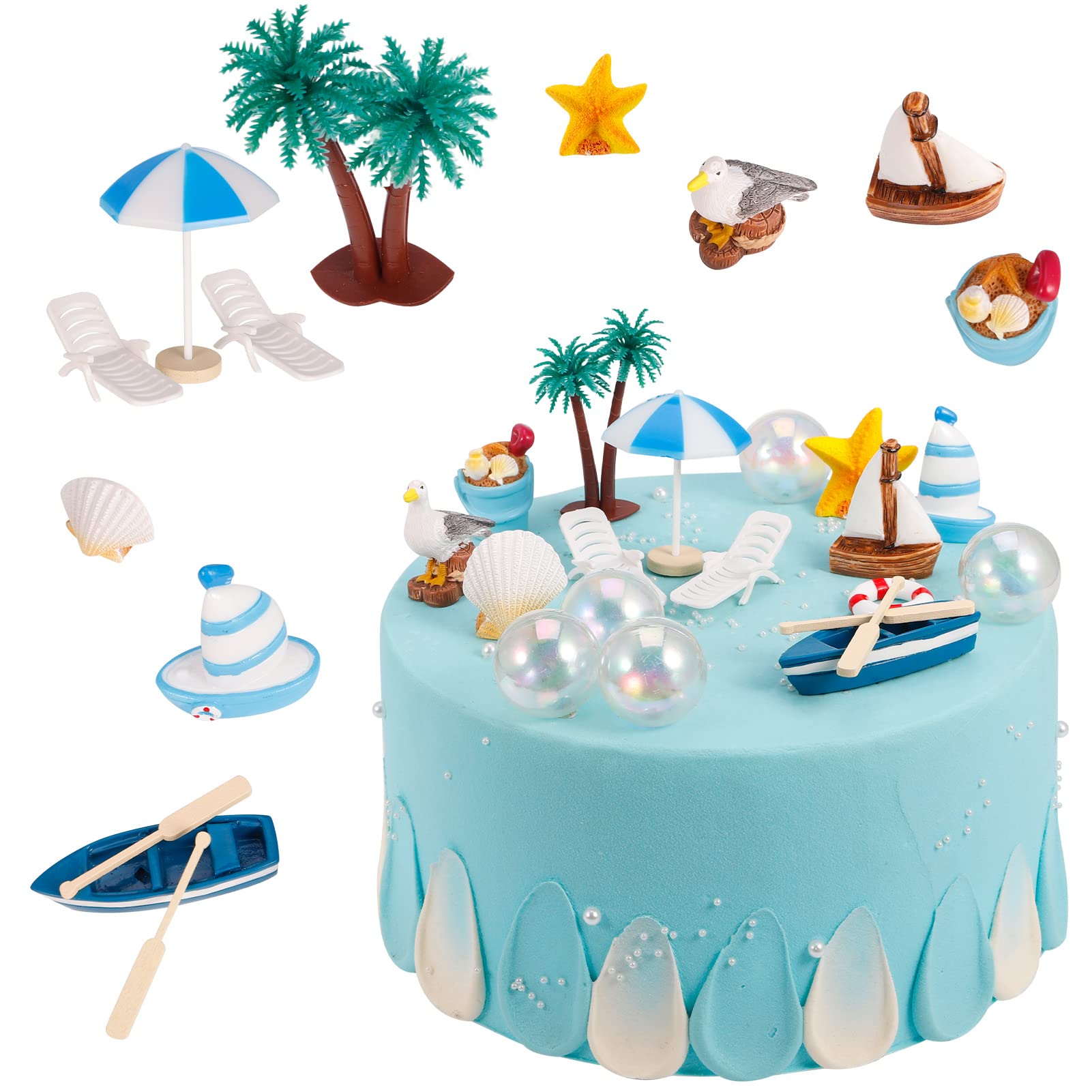 15-tlg. Tortenaufsatz-Set „Sommer Am Strand“ – Palmen, Sonnenschirme, Stühle Aus Kunstharz Für Kuchen & Cupcakes
