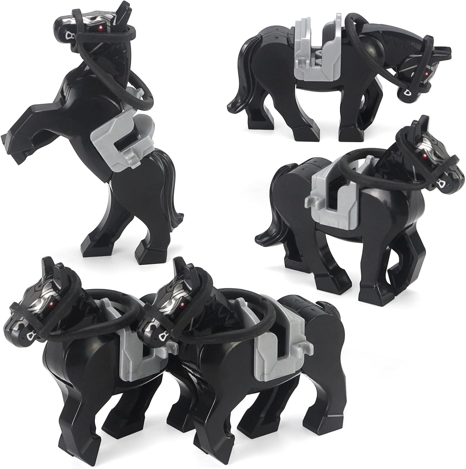Feleph War Horses Building Brick Set 5PCS Medieval Accessories for Castle Knight Ranch Farm Animals Block Toy with Horse Saddle and Bridle Compatible with Major Brands (Black)