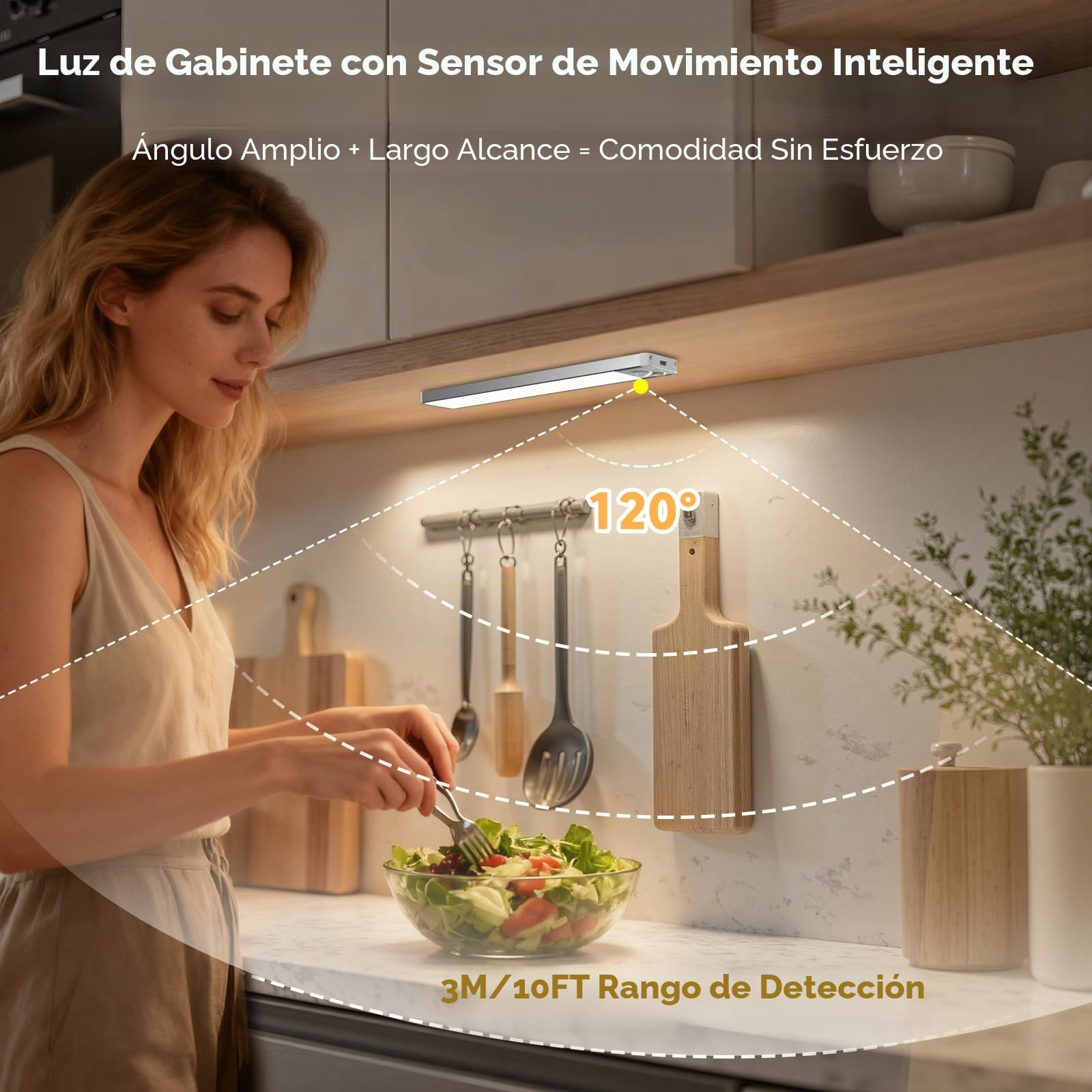 Luces LED para Cocina Bajo Gabinete 3 Pack - 6000K con Sensor de Movimiento para Interiores, Luz Recargable 1100mAh, Regulable e Inalámbrica Magnética para Bajo Mesón|Estante|Armario|Escaleras, 20CM