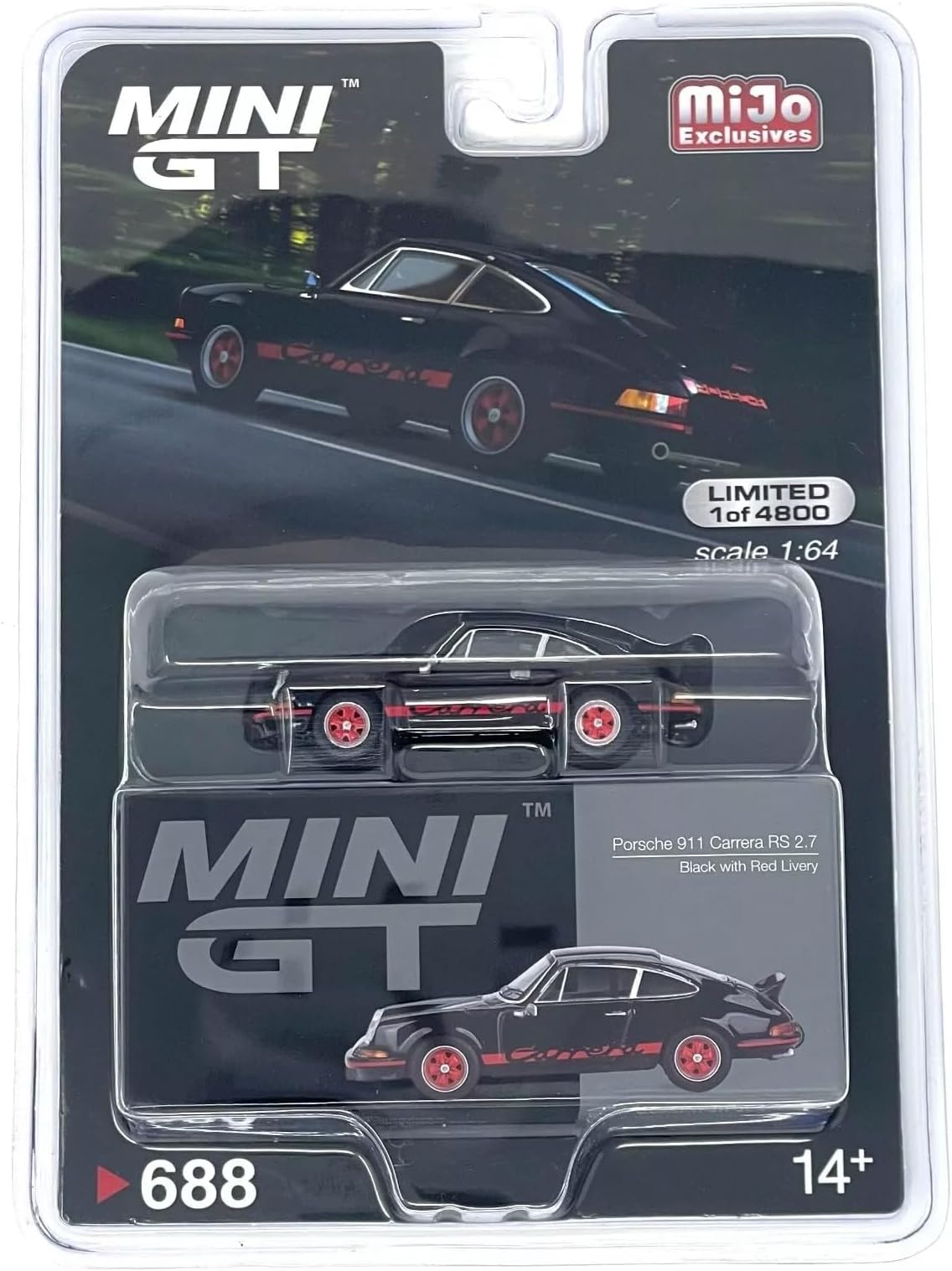 911 Carrera RS 2.7 Black with Red Livery with Red Stripes Limited Edition to 4800 Pieces Worldwide 1/64 Diecast Model Car by True Scale Miniatures MGT00688