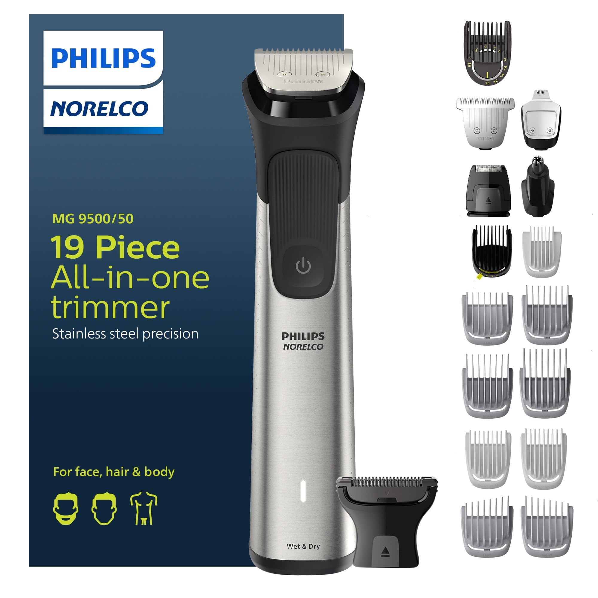 P L-RA 9000, Men's All in One Trimmer for Beard, Head, Hair, Face, Body, and Groin - No Blade Oil Needed, MG9500/50 - The Body Shaver Attachment Efficiently Shaves Body Hair While Protecting Skin