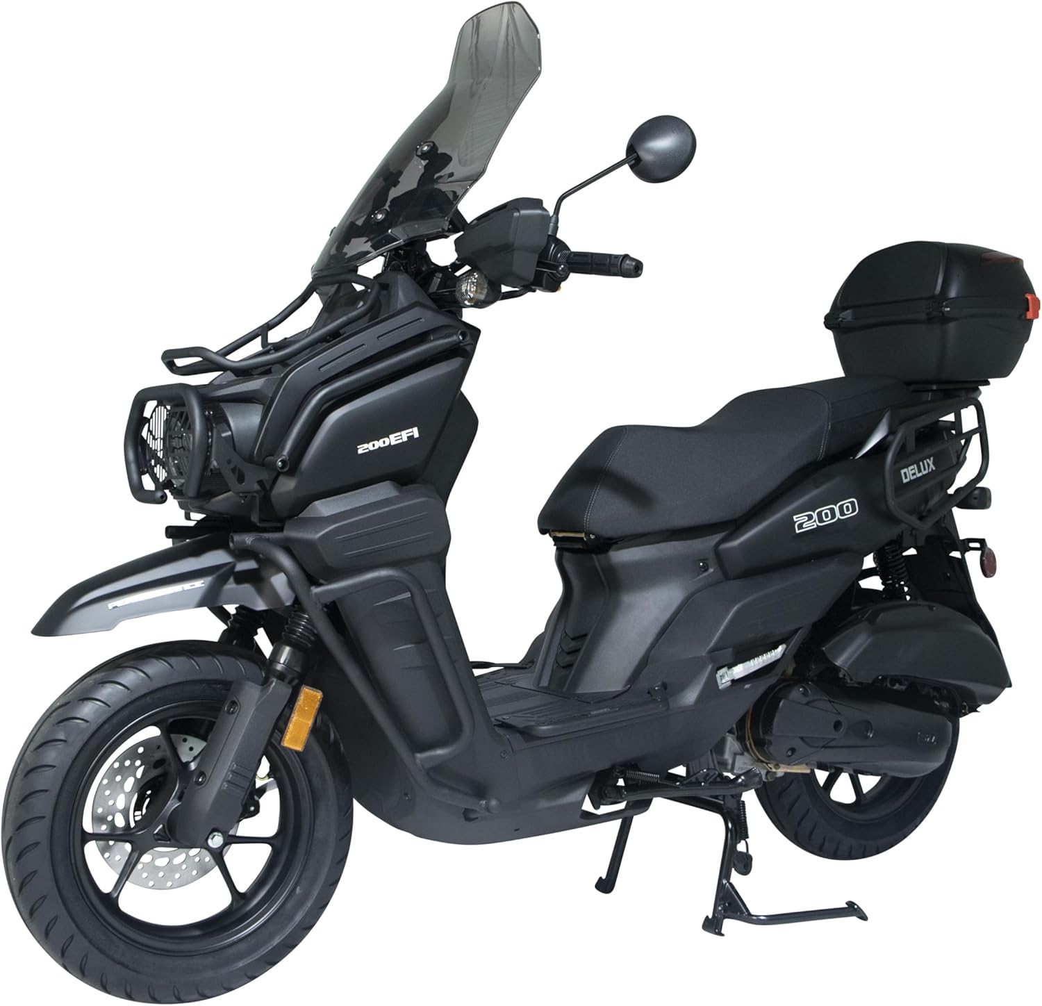 HHH Tank 200 DLX EFI Scooter Tank 200 EFI Scooter 200cc motorcycle 13 inch wheels Fully Automatic, Windshield and Matching Rear Trunk ( Black )