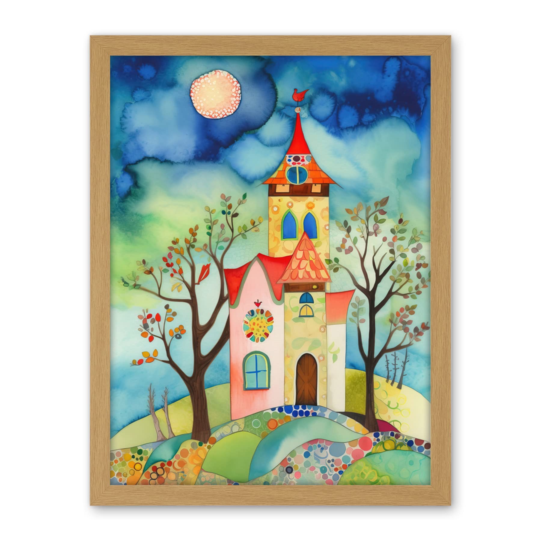 Artery8 Countryside Chapel Folk Art Watercolour Painting Artwork Framed Wall Art Print 18X24 Inch
