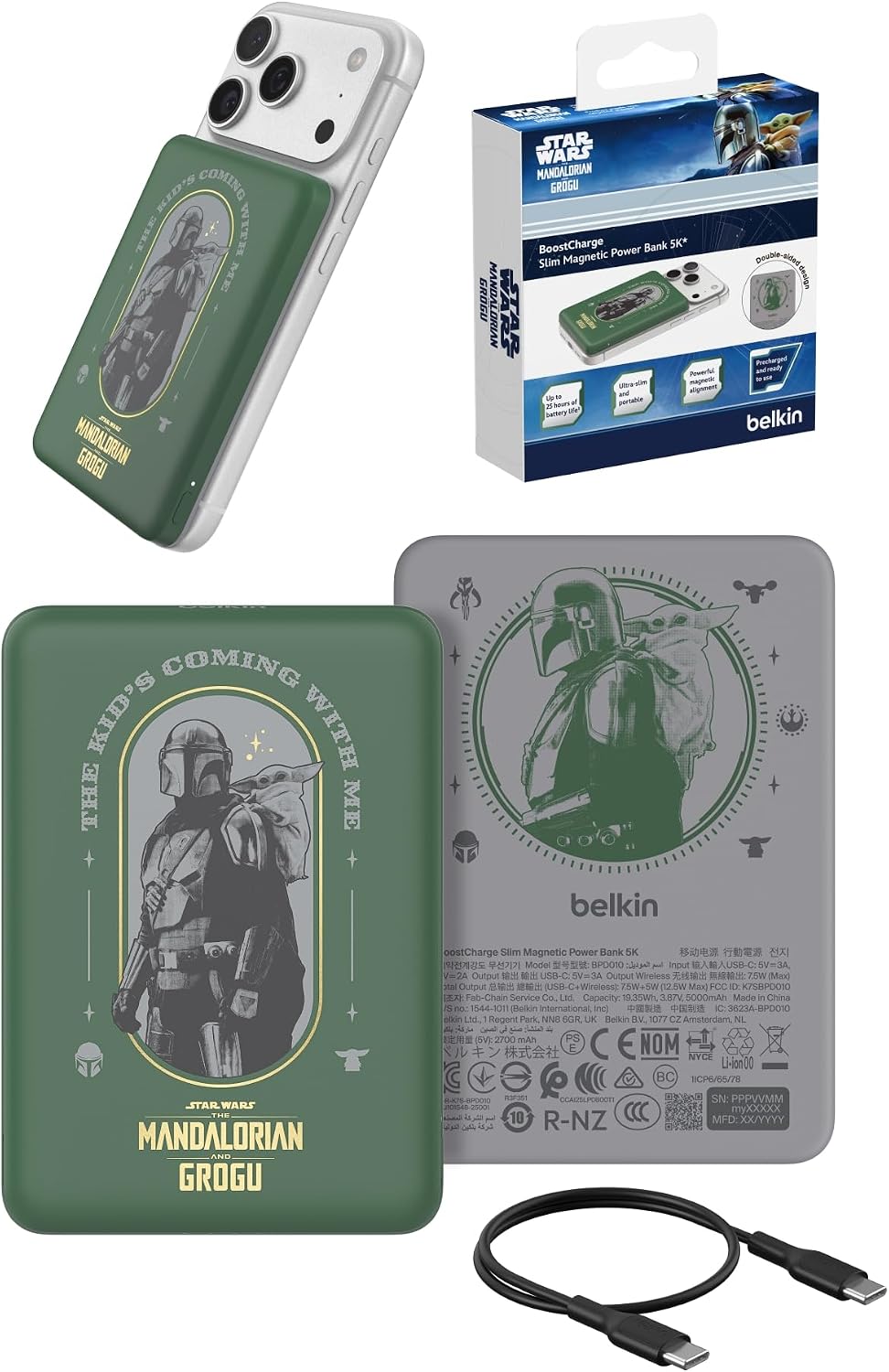 Disney Mandalorian and Grogu, Magnetic Power Bank 5000mAh Charger | Wireless Charging Battery Pack, iPhone 17, iPad, Samsung Galaxy, Pixel, Ultra Slim, USB C Port, USB C Cable, Charge 2 Devices