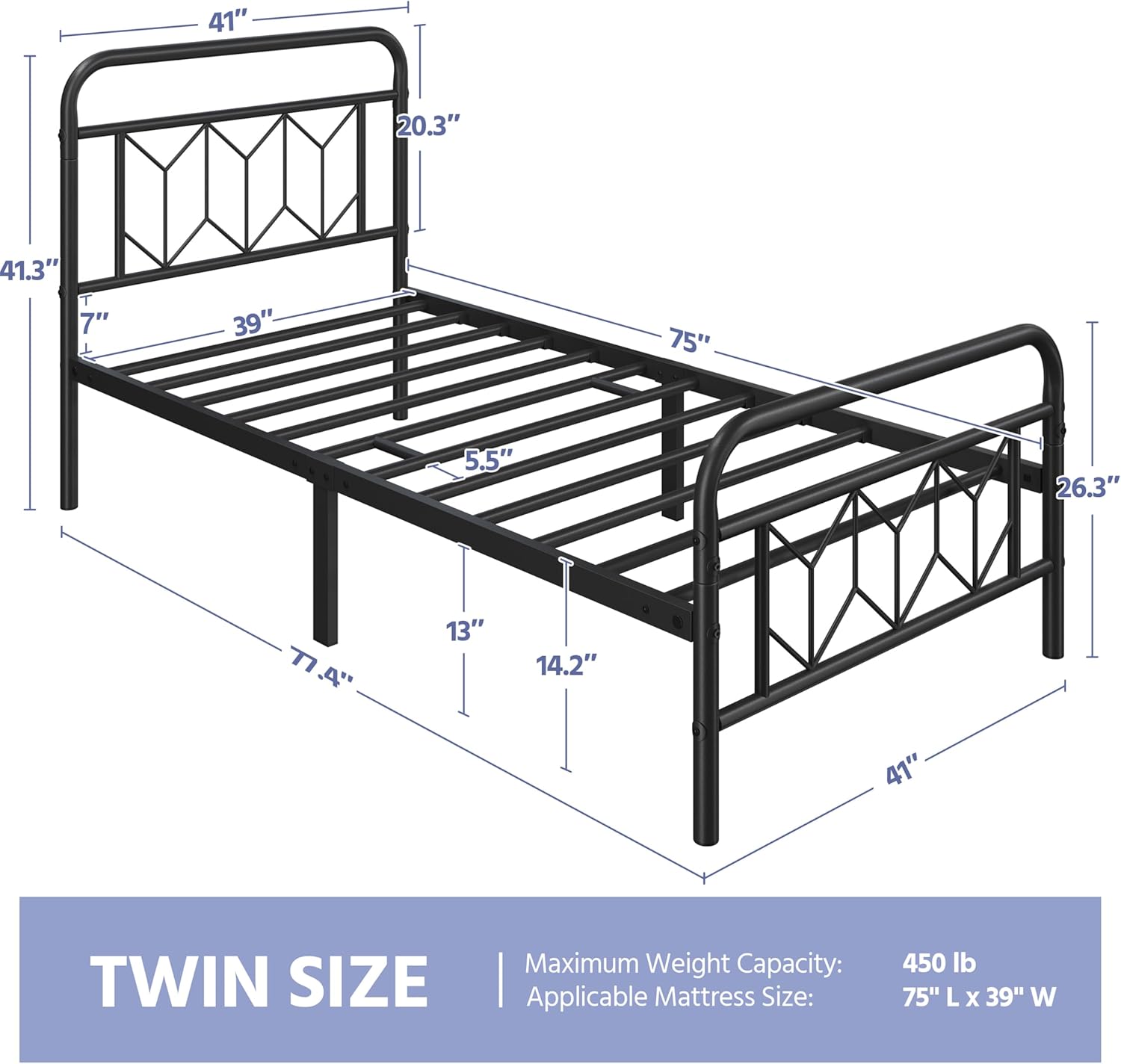 Yaheetech Metal Platform Bed Frame Mattress Foundation with Diamond Pattern Headboard/Footboard/Heavy Duty Steel Slat Support/Under Bed Storage/No Box Spring Needed/Twin Size Black