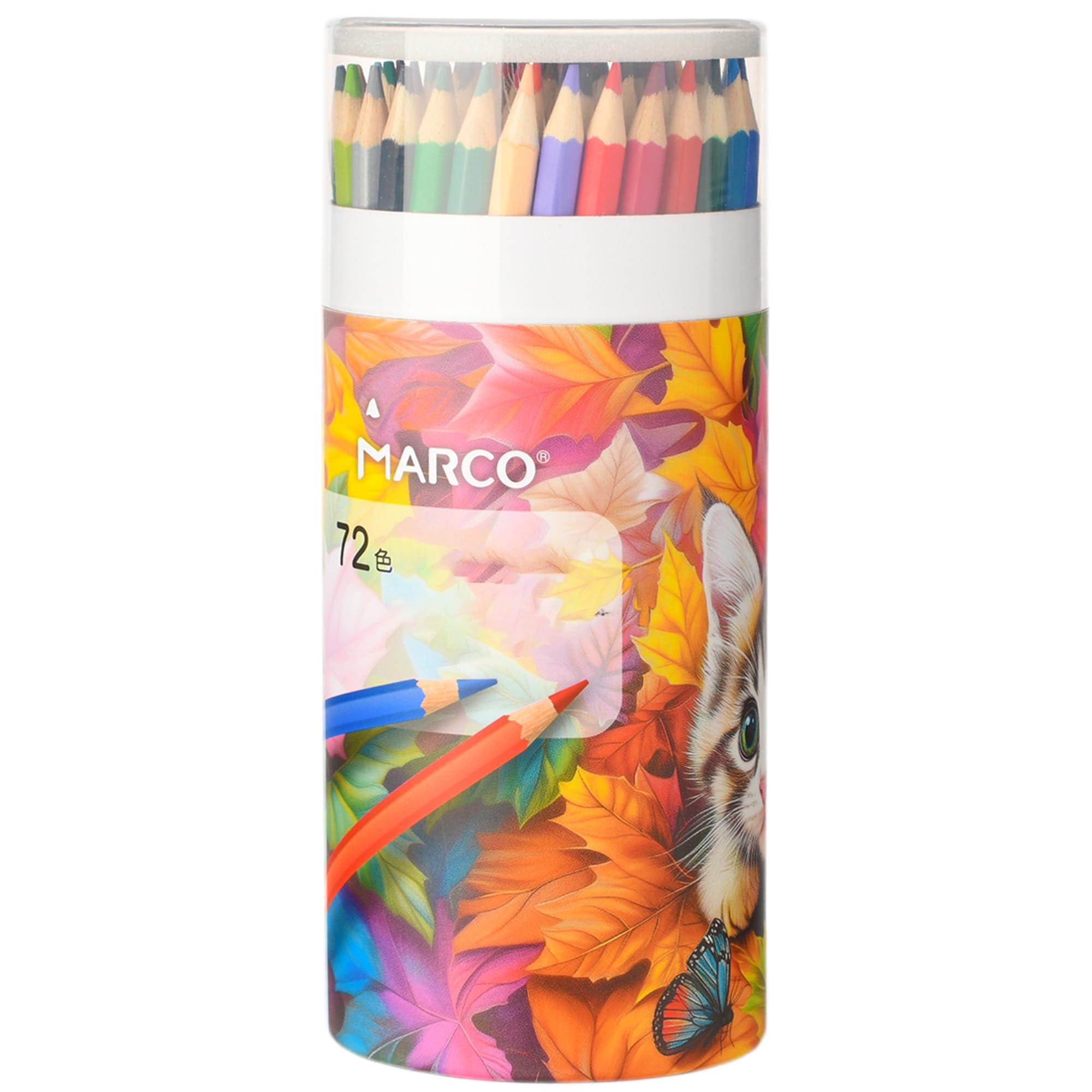 MARCO 72 Colour Oil Colouring Pencils - Hexagonal, Pre-Sharpened, Shatterproof - Ideal for Artists, Adults - Set with Pen Cup