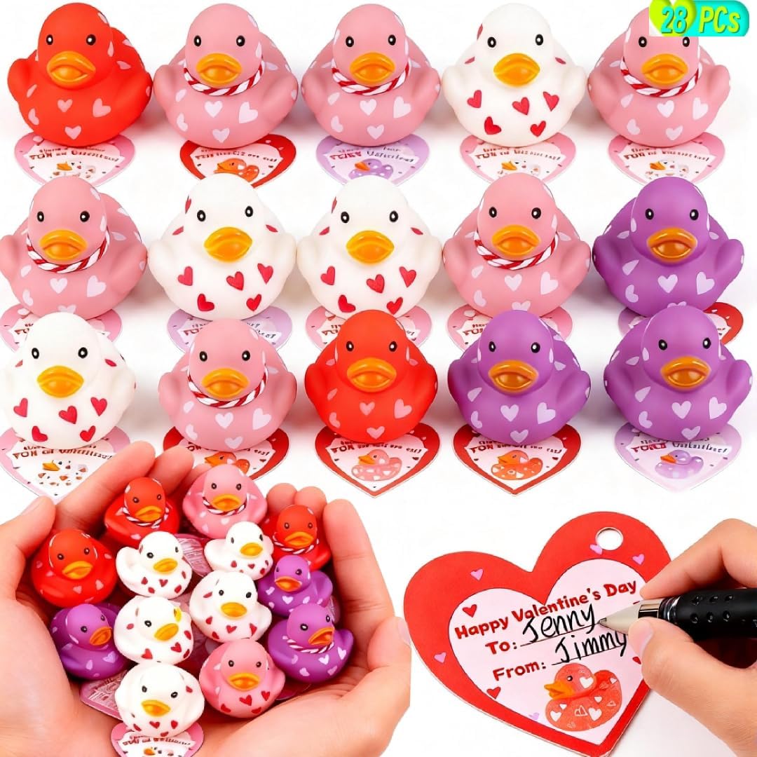 28 Pack Valentine Cards with Rubber Ducks for Kids, Cute Mini Duck Bath Toys for School Classroom Exchange Prizes, Party Favors, Valentine Day Gifts