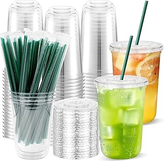 50PCS Clear Plastic Cups with Lids and Straws, Disposable Iced Coffee Cups To Go, Smoothie Juice Bubble Tea Milkshake Cold Drink Party Cups for Coffee Shops, Picnic, Daily Use, Catering (16oz)