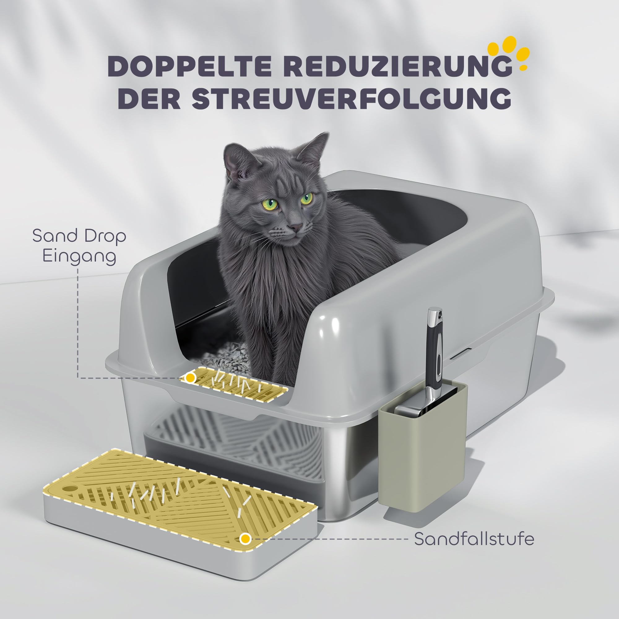 PawHut Katzentoilette Katzenklo Offene XXL Matte 60 x 40 x 30 cm Hellgrau | Mit Schaufel, Hohem Rand, Aufbewahrungsbox, Cat Litter Box ohne Deckel, Für Mittelgroße Katzen, Edelstahl