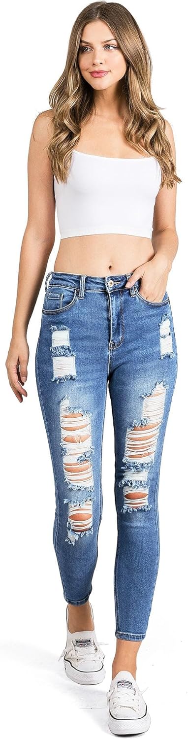 WAX JEAN Womens High Waist Cropped Distressed Skinny Jeans (Distressed Medium Denim, 7) - Image 4
