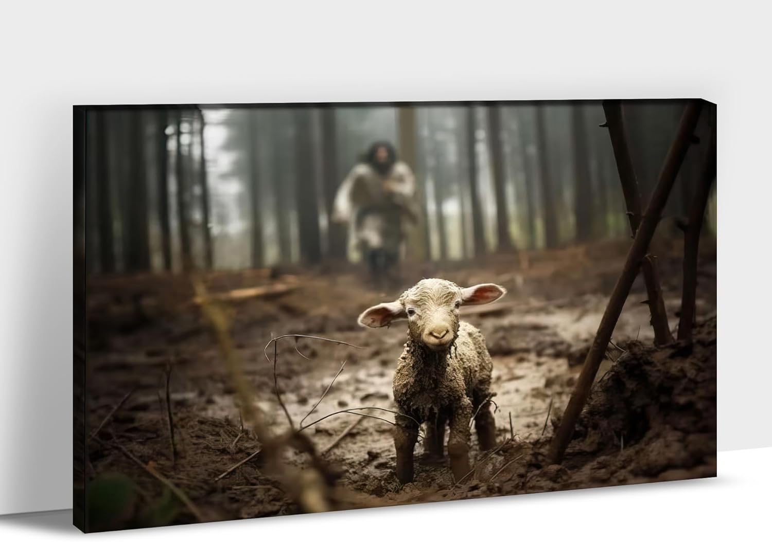 Jesus & Lamb Canvas Wall Art, Jesus Running After Lost Lamb Picture Canvas Print, Modern Christian Wall Art for Home Living Room Bedroom Decor, Framed Religious Painting Christ Poster 24x36 Inches