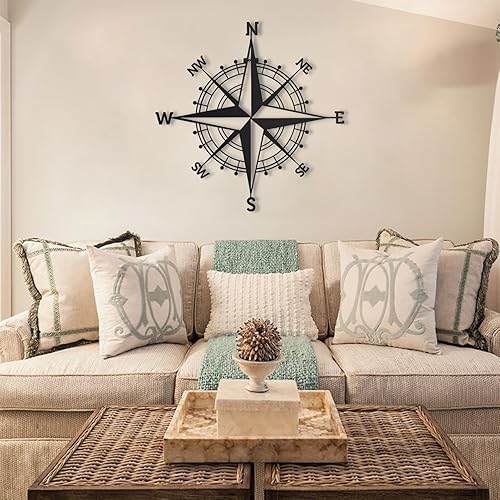 Miniatura 6 de Fayholy Brújula náutica arte de pared de metal rosa, decoración de pared de metal grande, brújula de metal negro, arte de metal al aire libre,