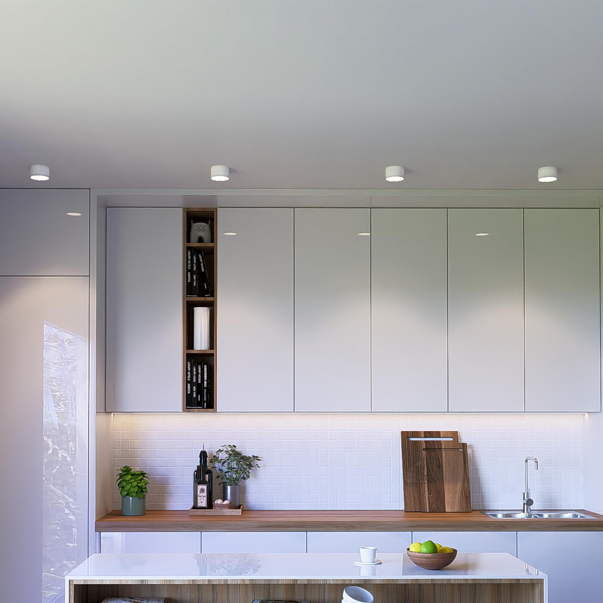 SSC-LUXon PIATO Aufbaustrahler 4er Set weiß rund 6W warmweiß Decke inkl LED | Vier flache Aufputz-Deckenspots weiß matt - warmweiß 6W, für Wohnzimmer, Flur & Büro, direkt an 230V, Ø14cm, inkl. LED