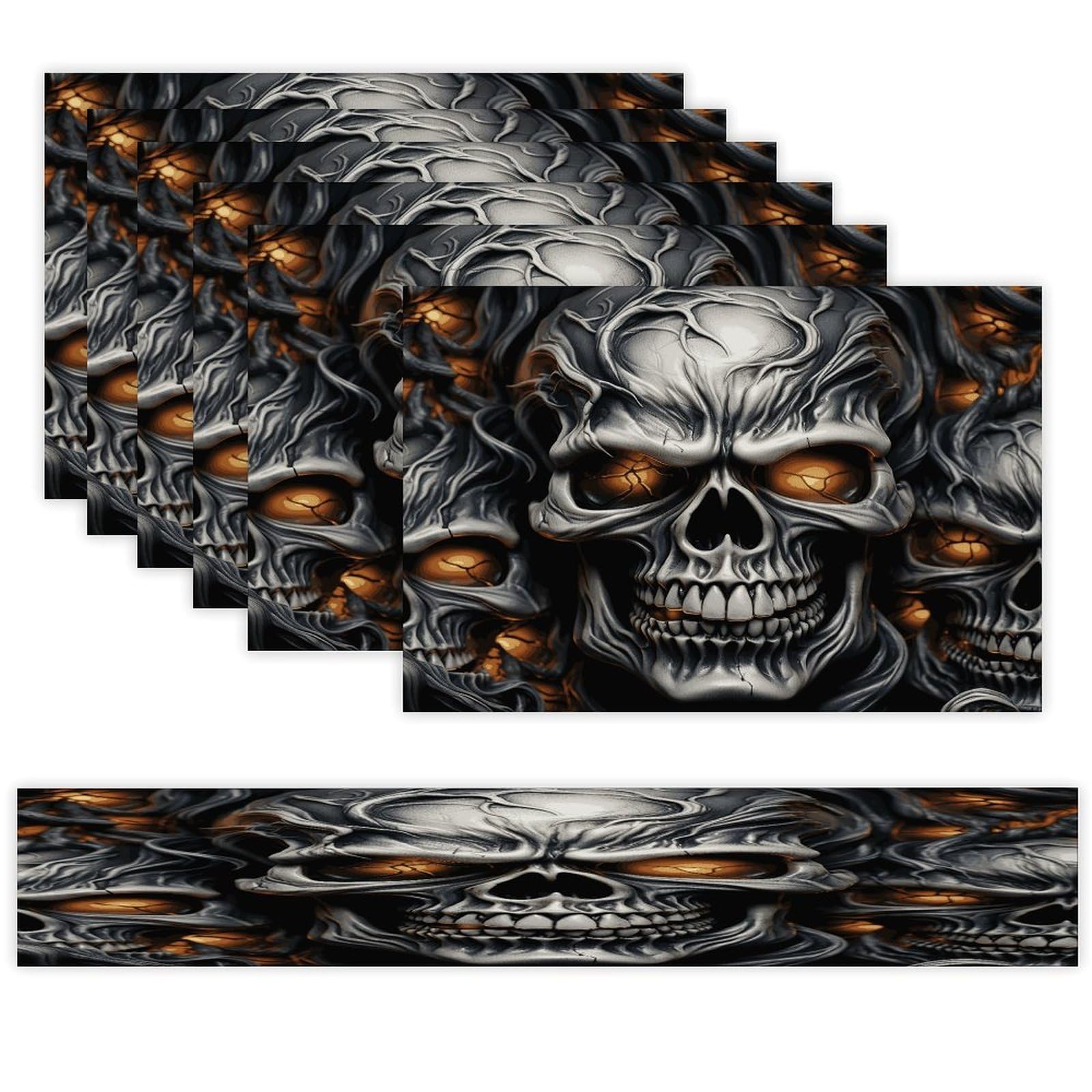 Cool Evil Skull Table Runner and Placemats Set of 7 Linen Table Mat Non-Slip Place Mats Washable Placemat Heat Resistant Place Mat with Table Runner for Party Dining Decor