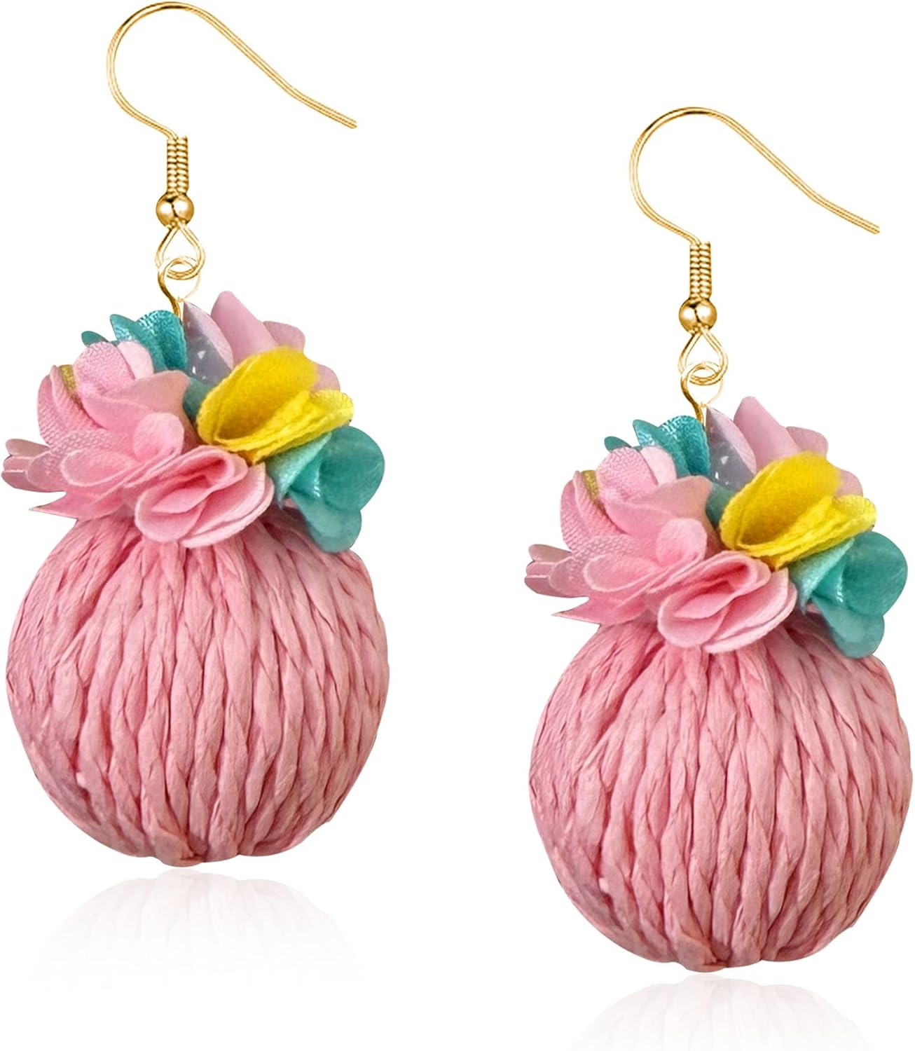 Boho Fabric Flower Floral Long Ball Drop Dangle Earrings Layered Tiered for Women Chic Boho Wedding Jewelry