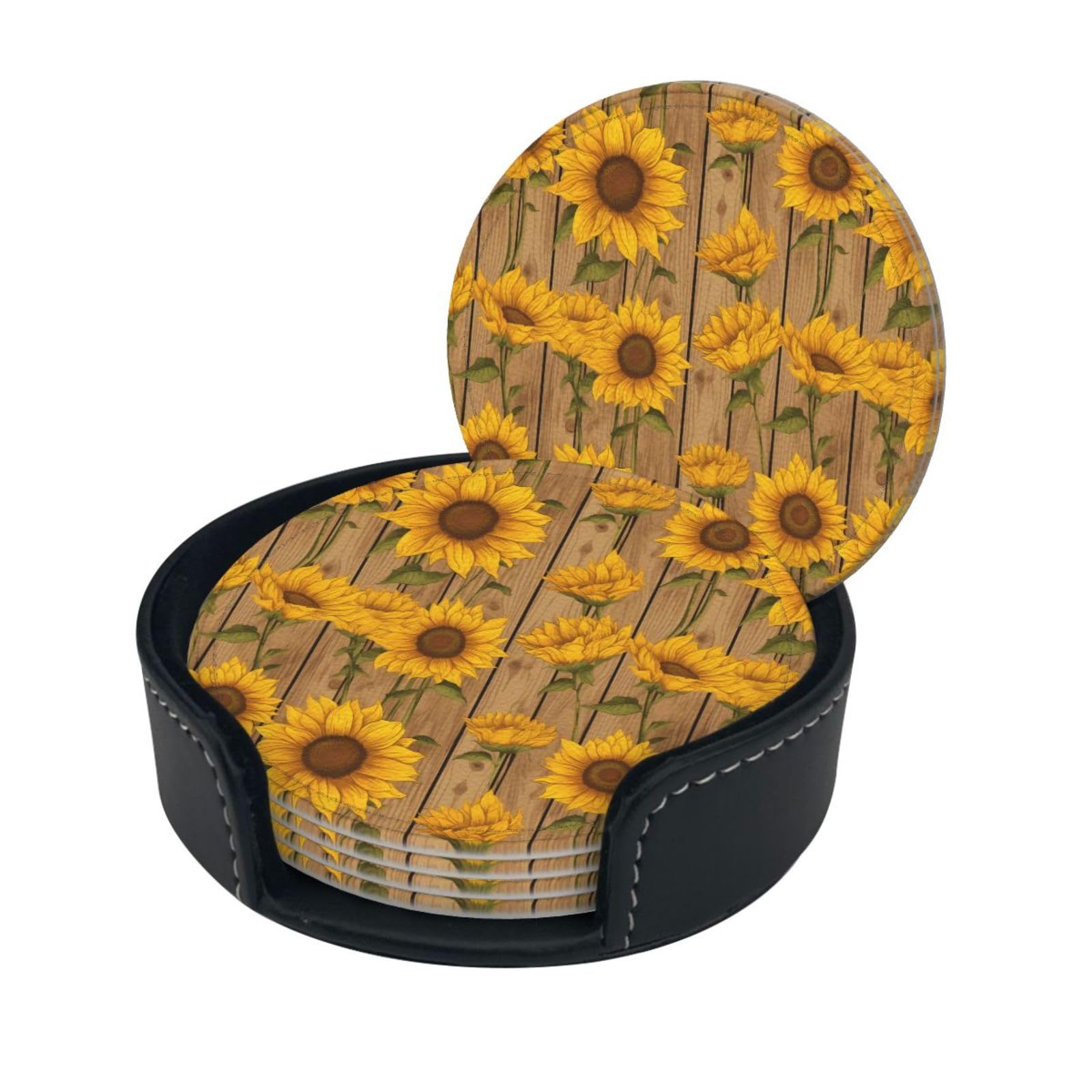 Sunflowers Printed Print Coaster,Round Leather Coasters with Storage Box for Wine Mugs,Cold Drinks and Cups Tabletop Protection (6 Piece)