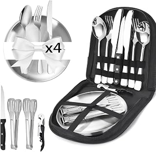 Juego de cubiertos de camping para 4 personas, 21 piezas Platos Camping con Tenedores,Acero Inoxidable Portátil,para Camping,Picnic,Viajes