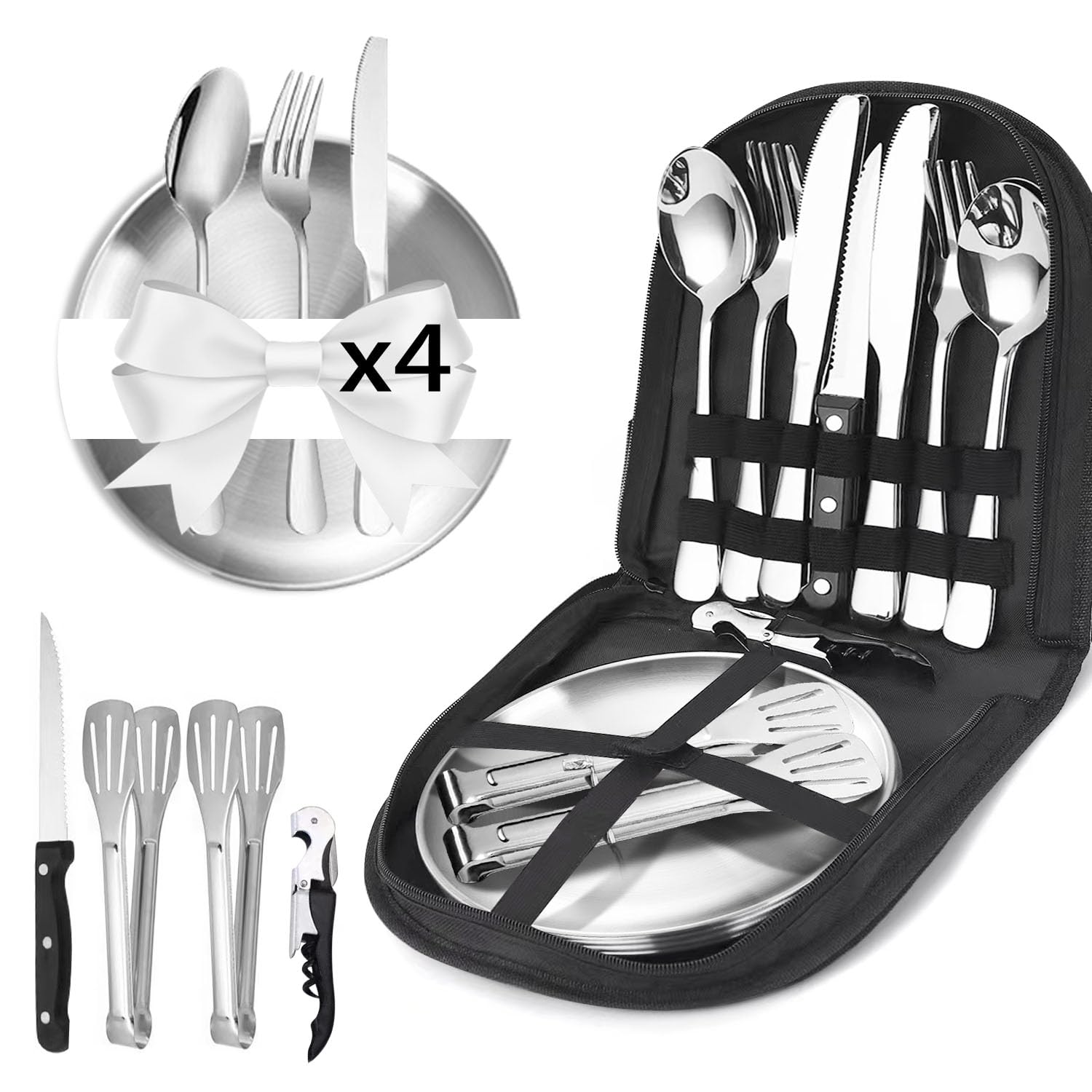 Set Couvert Camping 4 Personnes,21 Kit Vaisselle Camping Acier Inoxydable avec Sac Rangement,Portables Réutilisable pour Voyages,Camping,Randonnée,Plein Air
