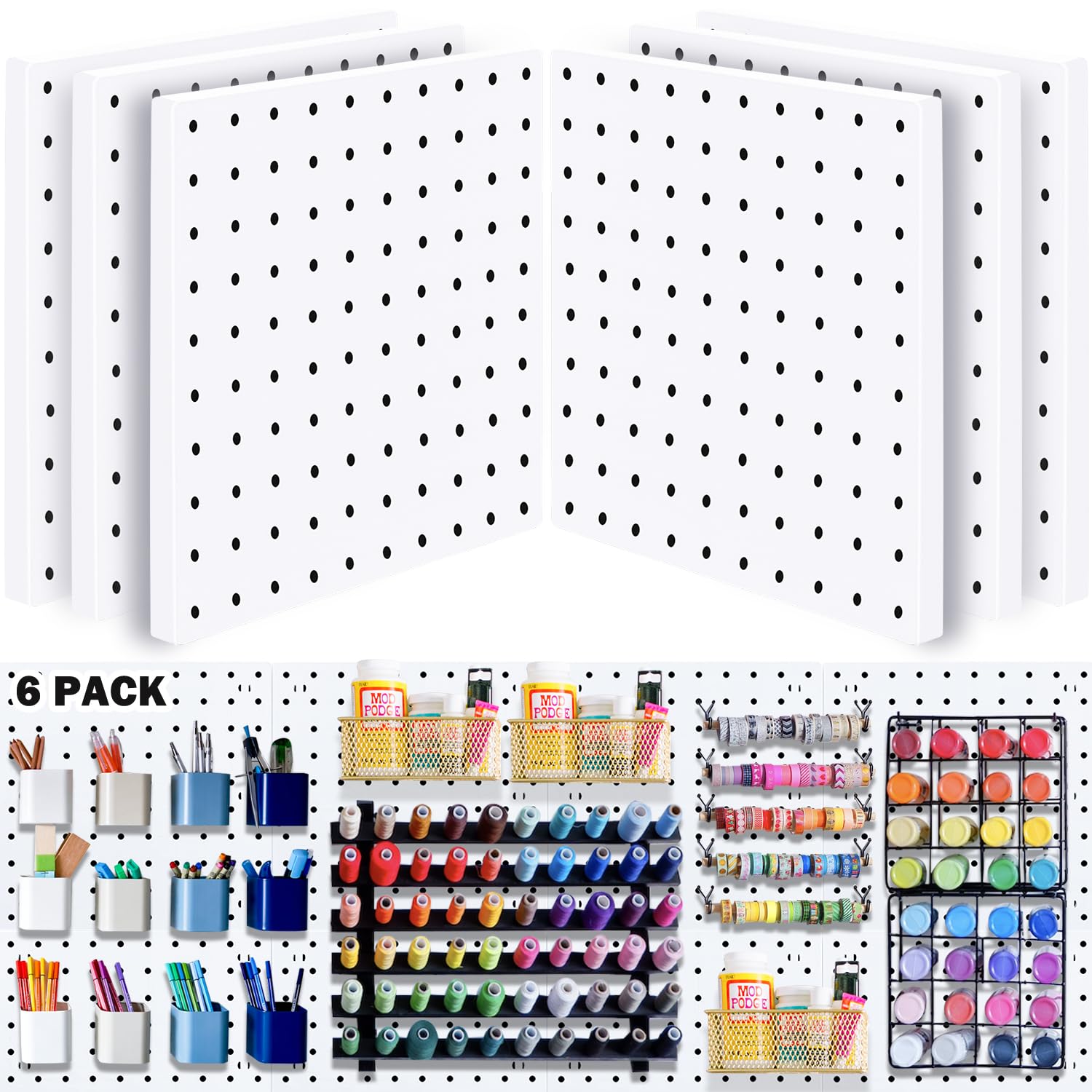 6Pcs Peg board, Pegboard Wall Organizer Panels, Wall Mount Display Small Pegboard Kits, Pegboard, Peg Boards for Wall Craft Room, for Kitchen, Garage, Workshop, Tool Accessories - White Pegboard