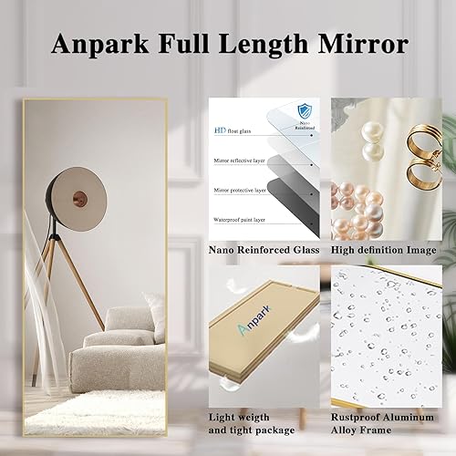 Miniatura 4 de Espejo rectangular dorado de longitud completa, sin soporte, de 30 x 71 pulgadas, espejo de piso grande inclinado para dormitorio, espejo de tocador