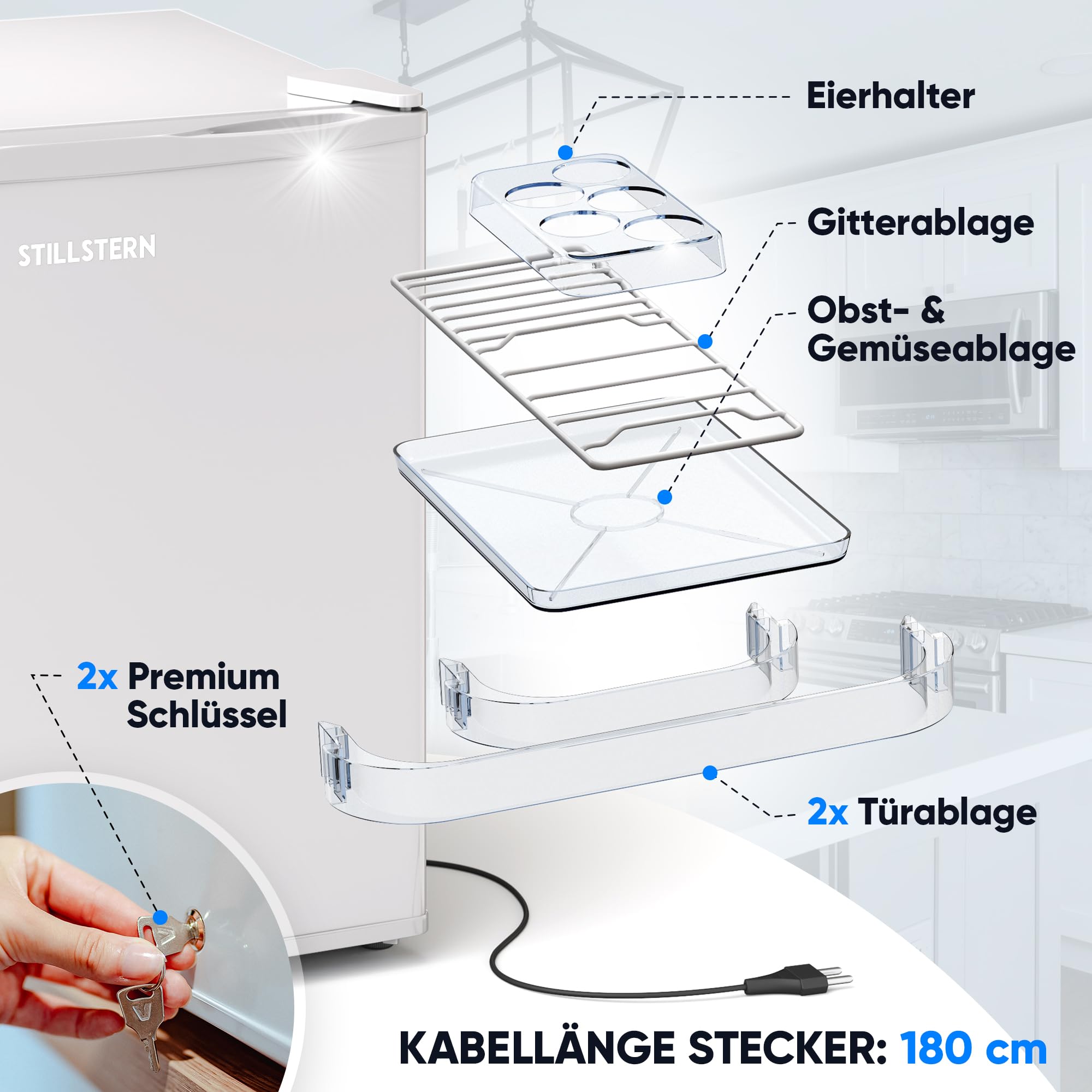 Stillstern Mini Kühlschrank E 45L mit Abtauautomatik, Schloss, Frostfach, Leise, Ideal für Küche, Büro, Schlafzimmer, Hotels und kleine Wohnungen Kühlschrank klein Minibar Getränkekühlschrank Weiß