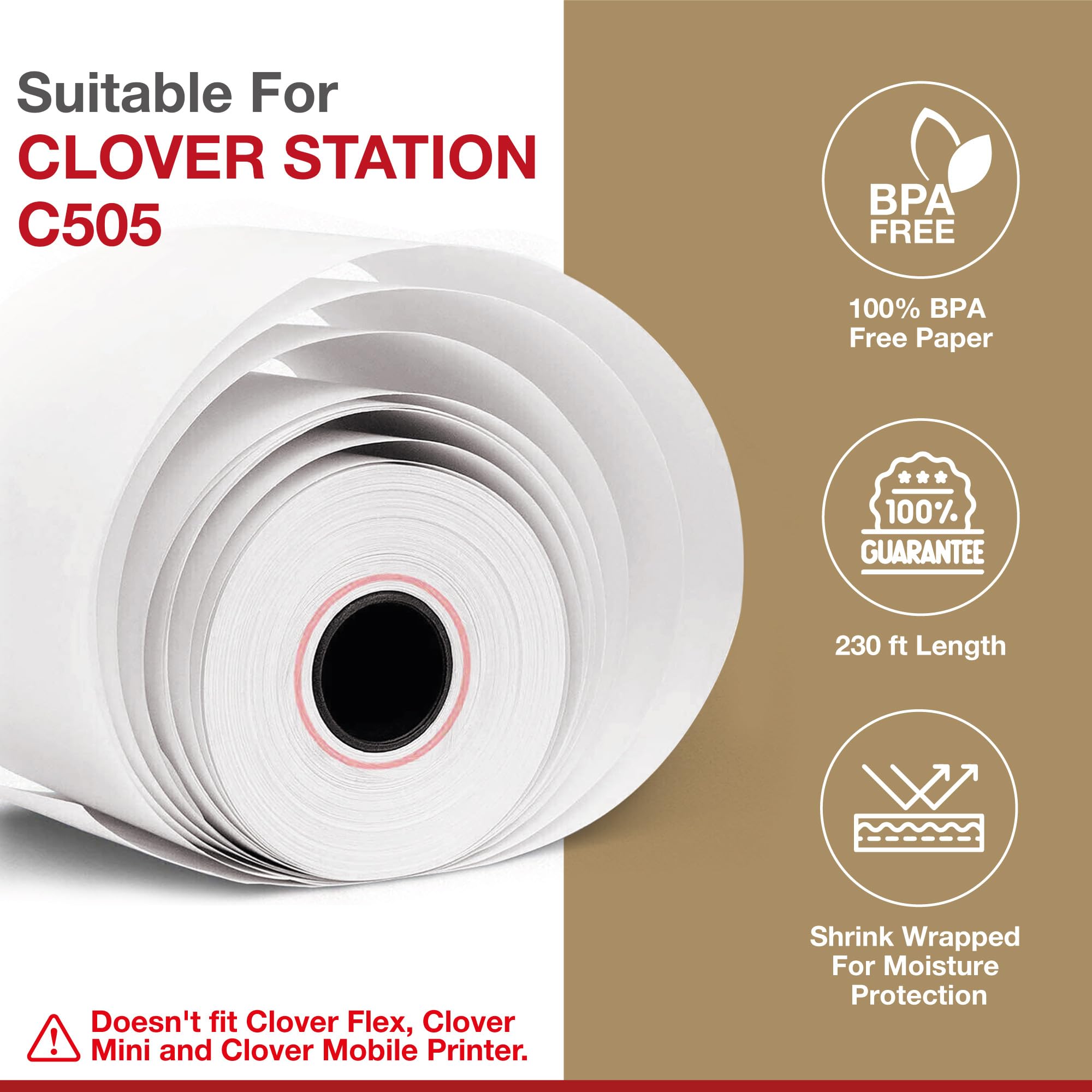 10 rollos de papel de recibo de trébol de 3 1/8 pulgadas x 230 pies, sin BPA, rollos de papel térmico para impresora Clover POS Station P100, P500, P550