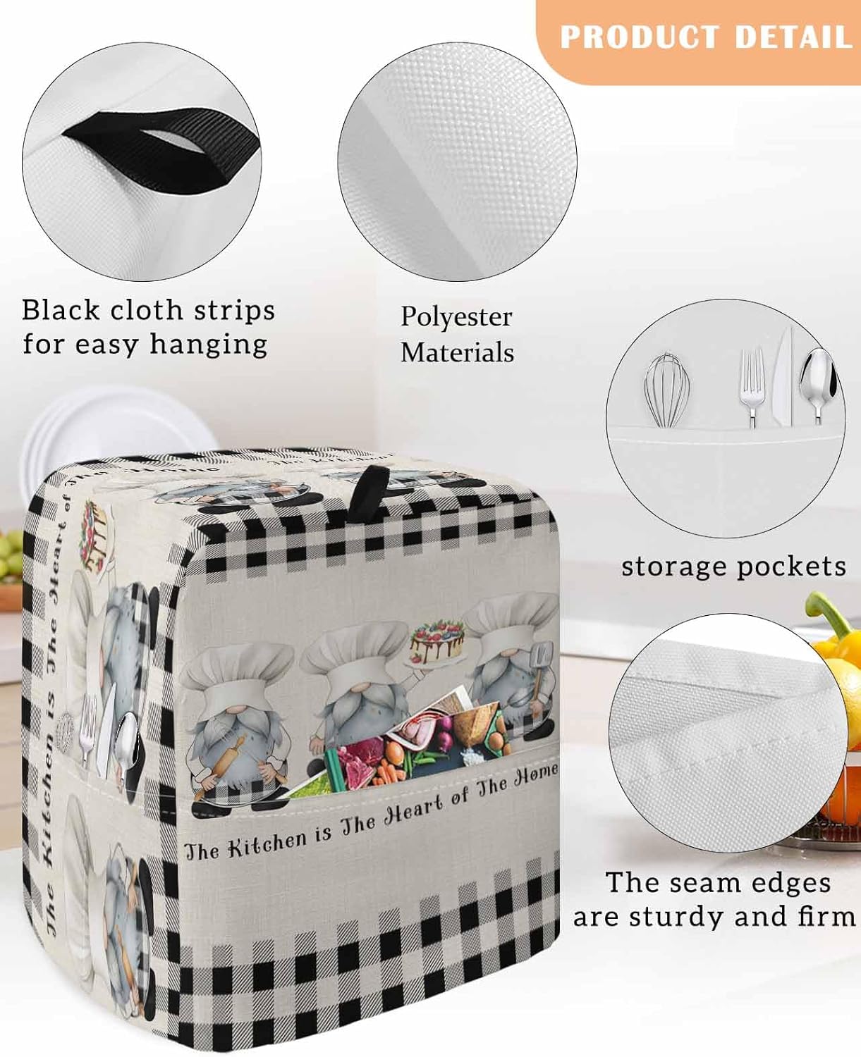 Chef Gnomes Stand Mixer Dust Cover with Storage Pocket & Handles,Farmhouse Retro Cake Cook Black White Plaid Fits All Tilt Head & Bowl Lift Kitchen Appliance Cover Organizer Bag Accessories,6-8 Quart