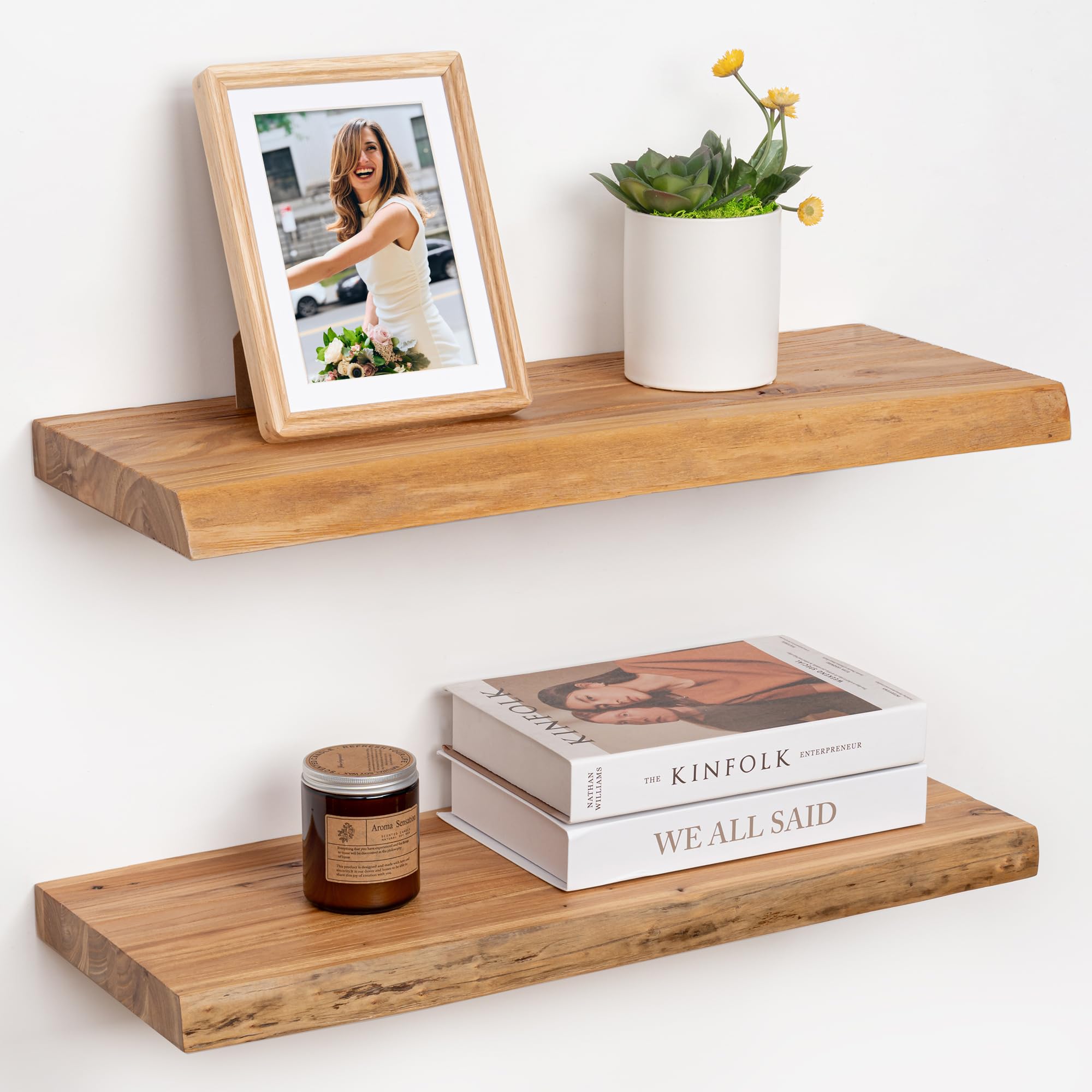 24" rustic elm wood floating shelves for wall, 9.3 inch deep live edge wall shelves for storage, wall-mounted display shelves with invisible bracket for living room bedroom kitchen, set of 2, natural