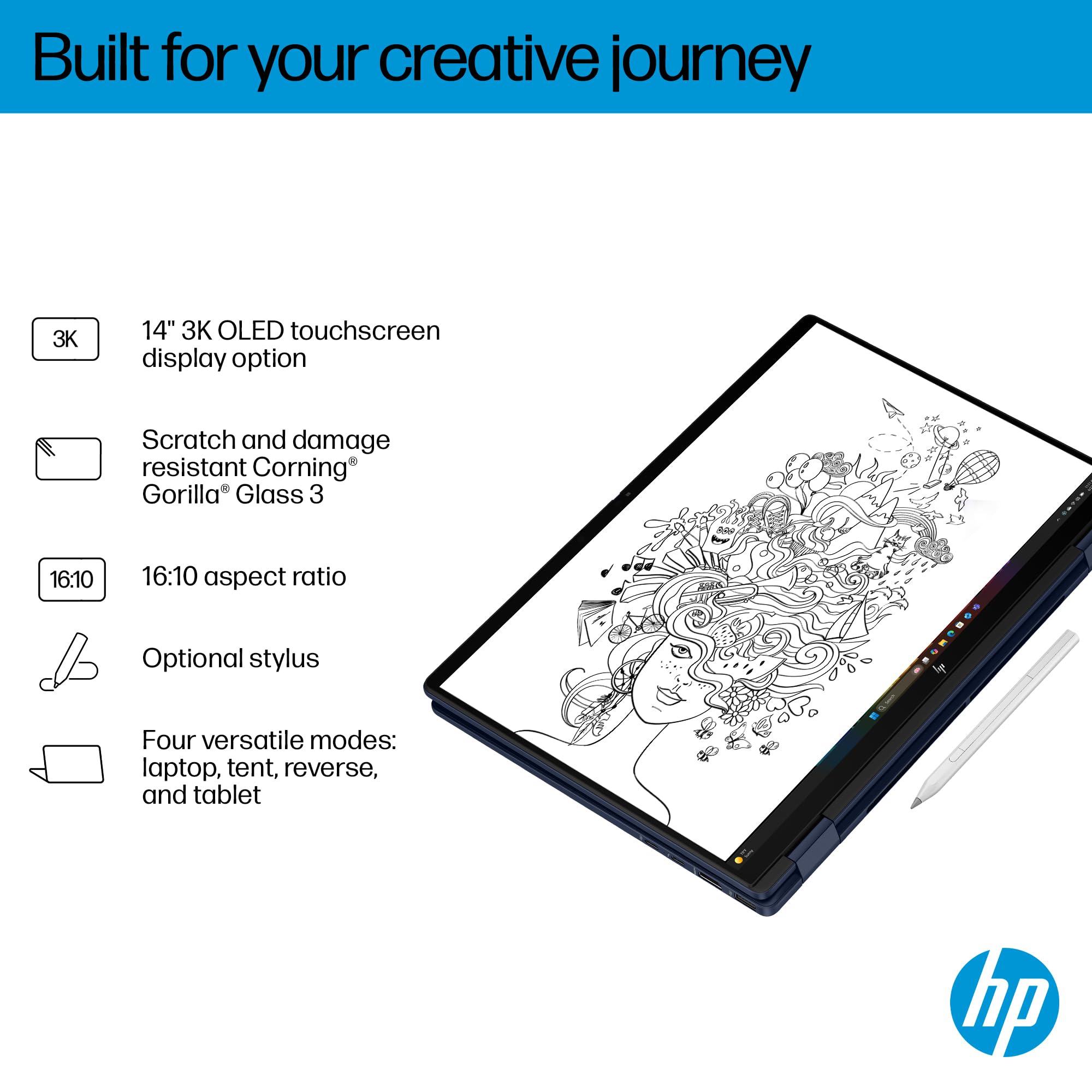 HP OmniBook X Flip 2-in-1 Next Gen AI 14" Laptop | CoPilot+ PC | Intel® Core™ Ultra 7-256V Processor | 16GB RAM | 1TB SSD | Intel Arc™ 140V Graphics | 2K OLED Touchscreen | Windows 11 | 14-fm0006sa — view 3