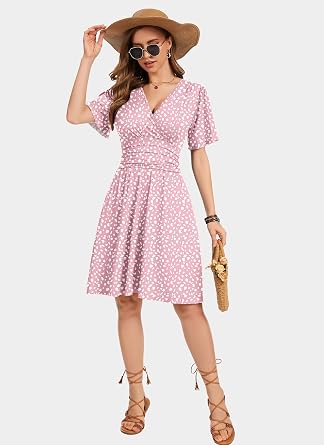 WNEEDU Womens Summer Dresses Wrap Waist V Neck Elegant