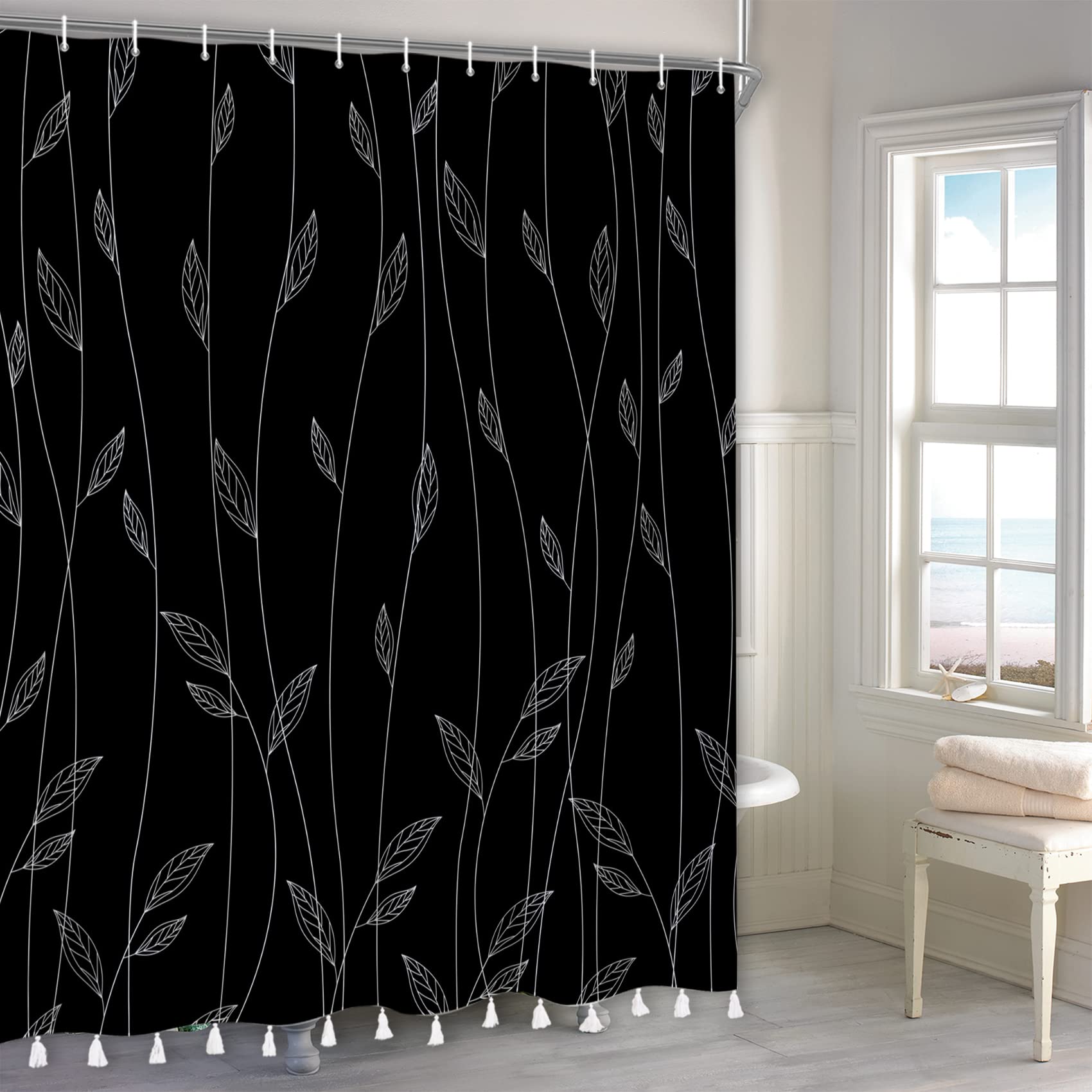 Ttincceer Black Leaves Shower Curtain with Tassels, Modern Plant Bathroom Curtain with Tassels, Minimalist Boho Tassels Shower Curtain Set with 12