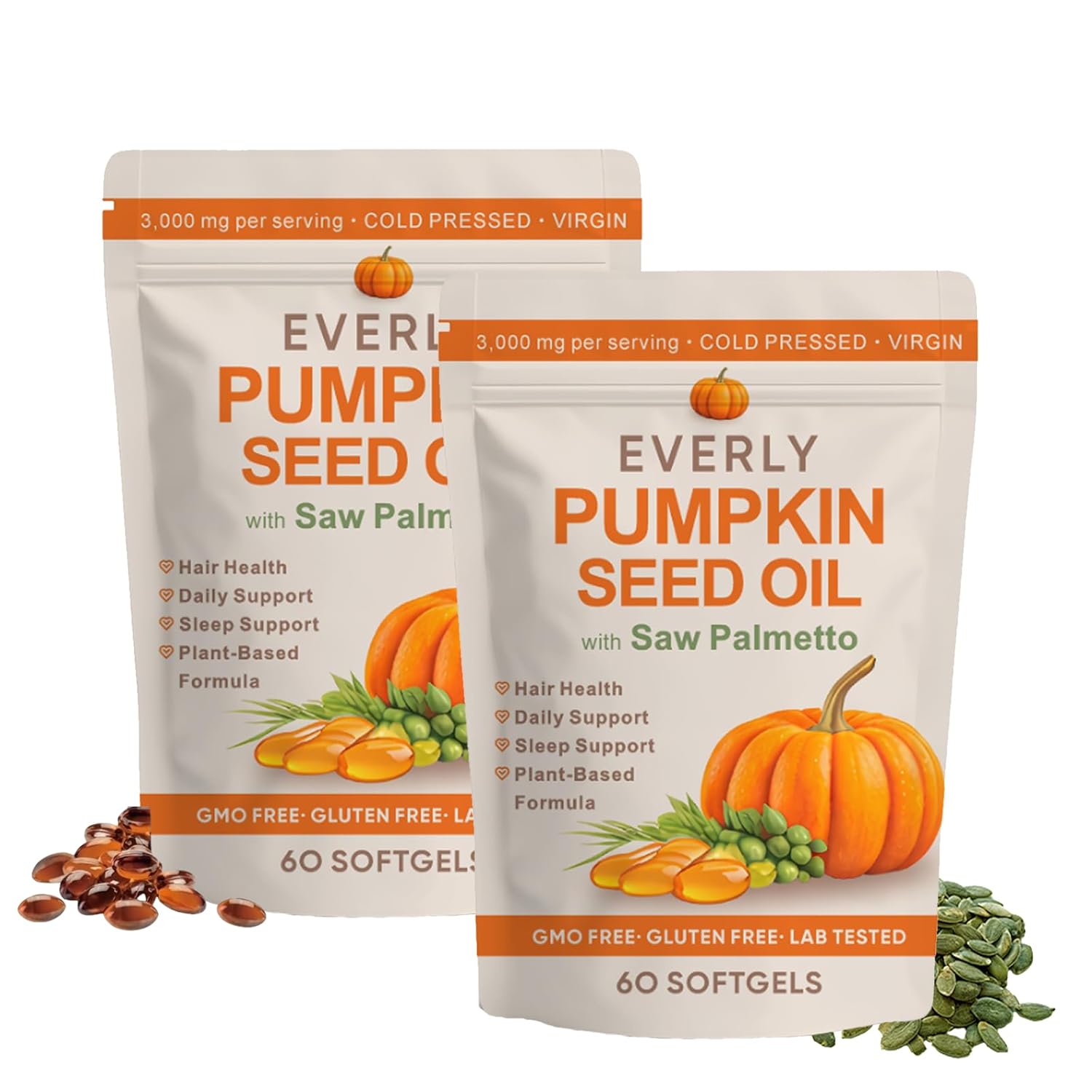 Everly Pumpkin Seed Oil with Saw Palmetto, Cold Pressed, Pure Virgin Oil, Rich in Essential Fatty Acids, Cold Pressed Pumpkin Seed Oil Capsules, Non-GMO, 60 SOFTGELS (2PCS)