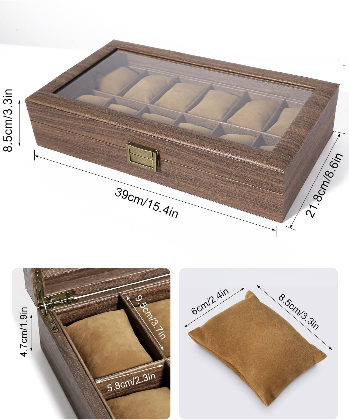 Uten Watch Box 12 Slots, Watch Case Organizer with Real Glass Lid, Wood Grain PU Leather Watch Display Storage Box with Removable Imitation Suede Watch Pillows, Metal Clasp