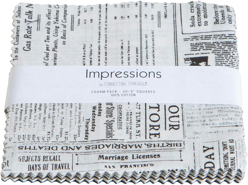 Connecting Threads Print Collection Precut Cotton Quilting Fabric Bundle 5" Charm Squares (Impressions)