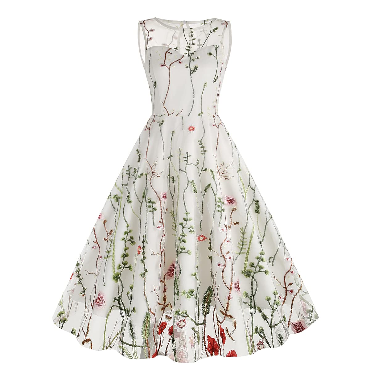 IBTOM CASTLE Mujer Vintage 1950s Sin Mangas Cuello Redondo Bordado Swing Vestido Elegante A Line Knee Length Tiered Tulle Boda Cocktail Dress Evening Vestido de Fiesta