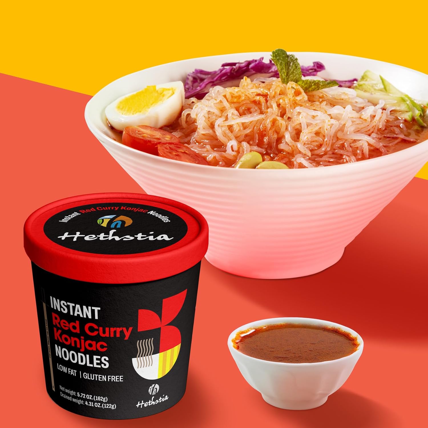 Hethstia Konjac Noodles Red Curry & Chicken Protein Ramen, Instant Shirataki Angel Hair Noodles in Spicy Red Curry Soup, Paired with High-Protein Vegan Ramen, Non-GMO, Low Fat, Air-Dried, Healthy Meal