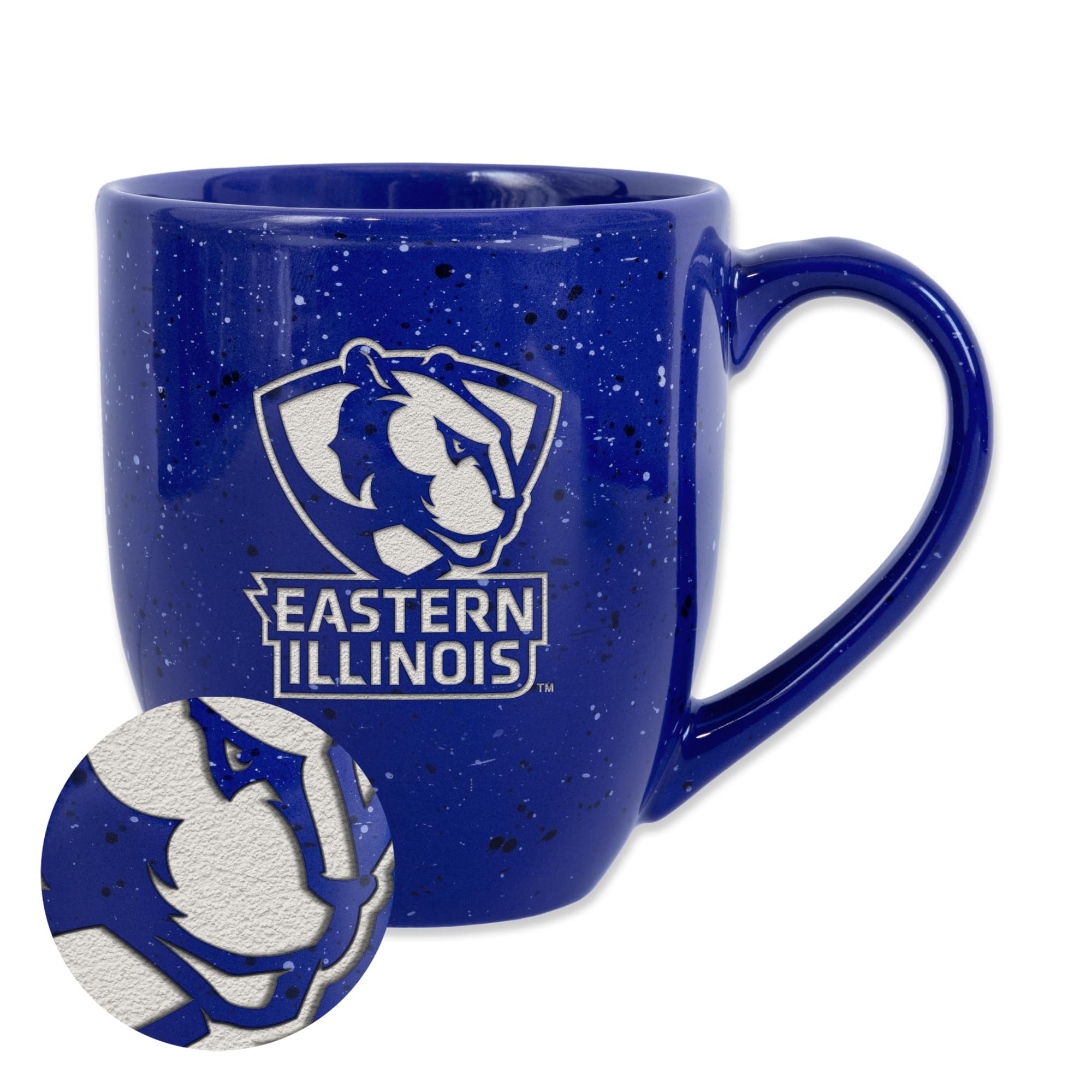 Rico Industries NCAA Eastern Illinois Panthers Primary Logo Royal 16 oz Team Color Laser Engraved Speckled Ceramic Coffee Mug