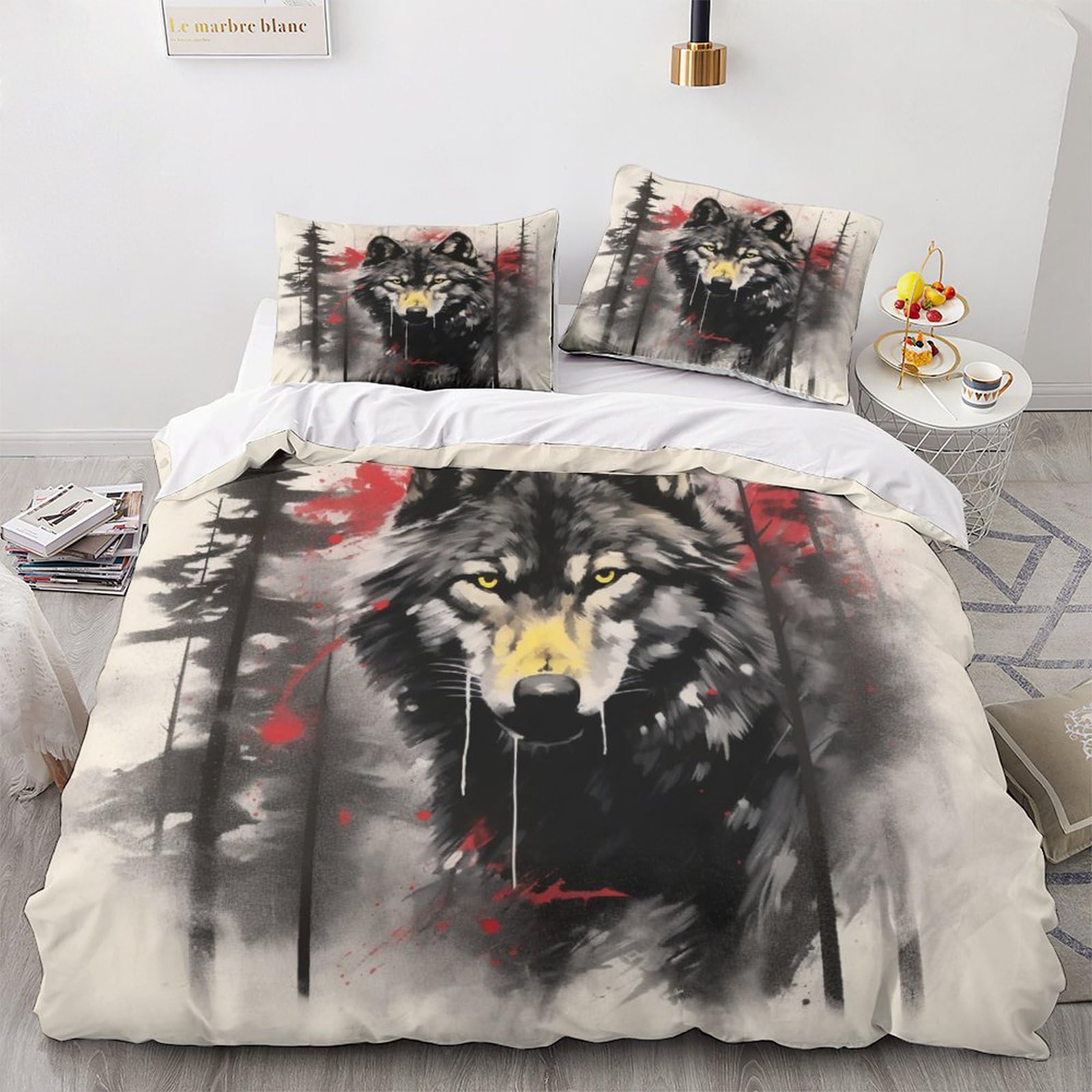 Parure de lit loup housse de couette 200x200 cm microfibre imprimée linge de lit adulte et enfant