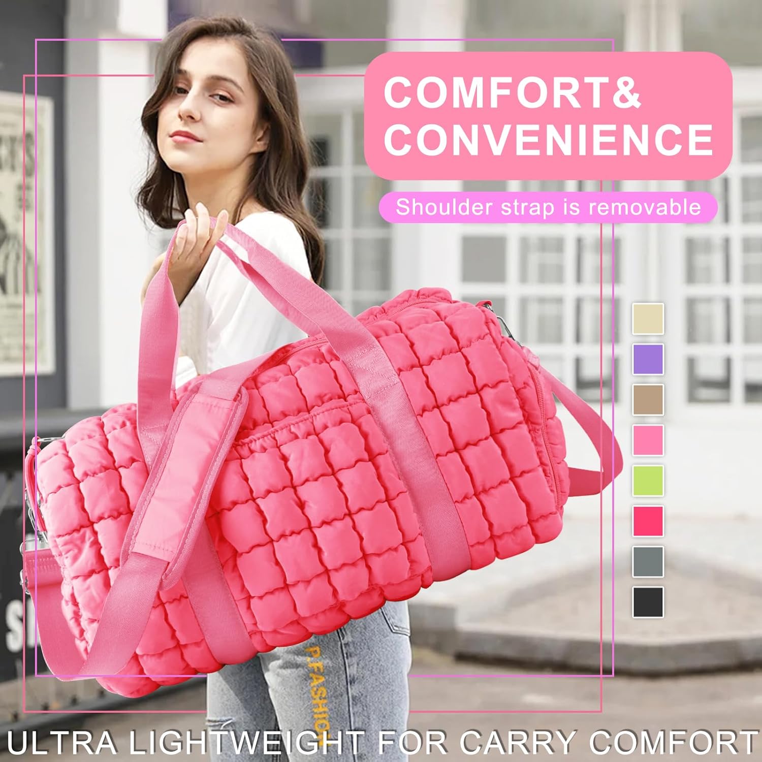 Quilted Travel Duffle Bag Gym Bag for Women,Large Puffer Duffle Weekender Bag with Compartment,Workout Overnight Carry on Organizer Bag Duffle Bag for Airplane Travel(L-Pink) - Image 8
