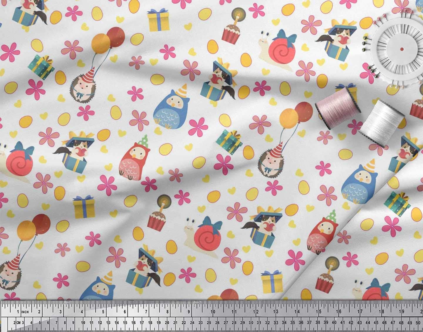 Soimoi Cotton Voile White Fabric - by The Yard - 56 Inch Wide - Floral, Gift Box & Cute Animals Cartoon Pattern Material - Elegant Florals with Gift Boxes and Cute Animals Printed Fabric image 2