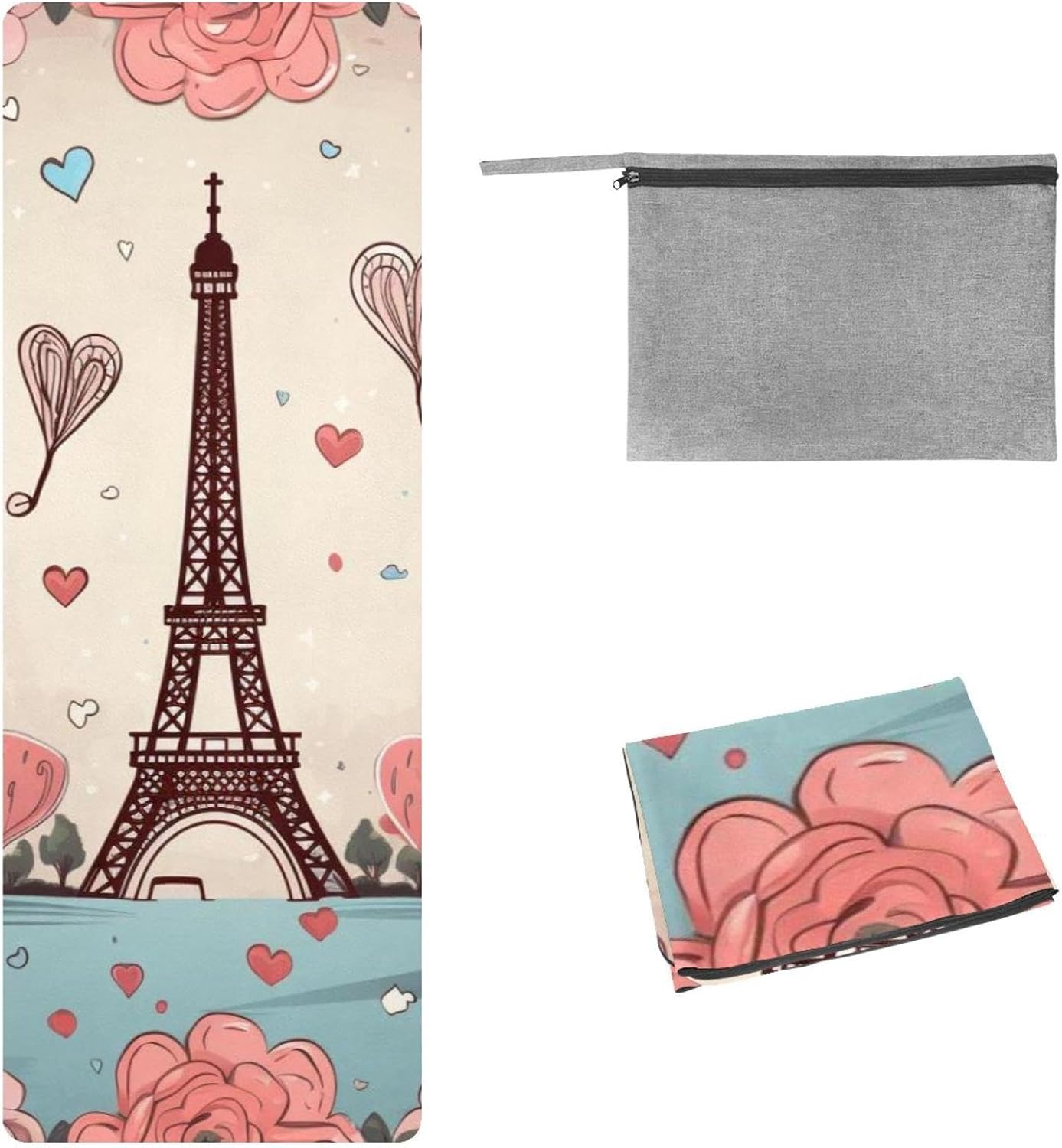 Yoga Towel, Eiffel Tower Valentine's Day Pattern Non Slip Sweat Absorbent Hot Yoga Mat Towel for Hot Yoga, Pilates and Fitness - 72.8" x 26.8"