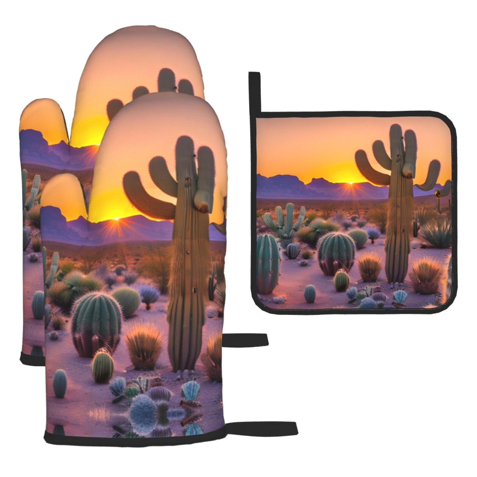 Cactus Desert Sunsets Christmas Oven Mitts,Cute Cooking Glove,Heat Resistant,Oven Mitts Gift for Mom,Housewarming