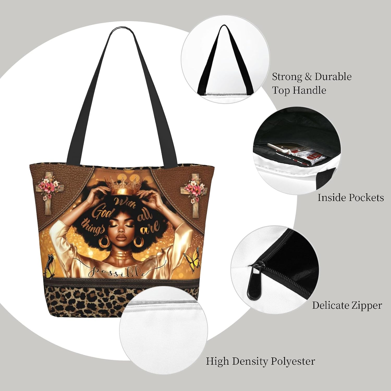 Tote Bag for Women with Zipper - Large Reusable Grocery Bag, Everyday Carry All for Work, Shopping, Gift for Her - Image 5