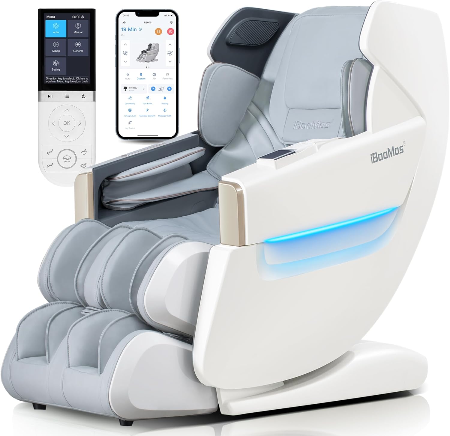 iBooMas Massage Chair Full Body, Body Scan Zero Gravity Massage Chair Recliner with SL-Track, Ajustable 12+6 Modes, Auto Extending Footrest, Foot Massage, App, AI Voice, Airbags, Heat(White+Grey)